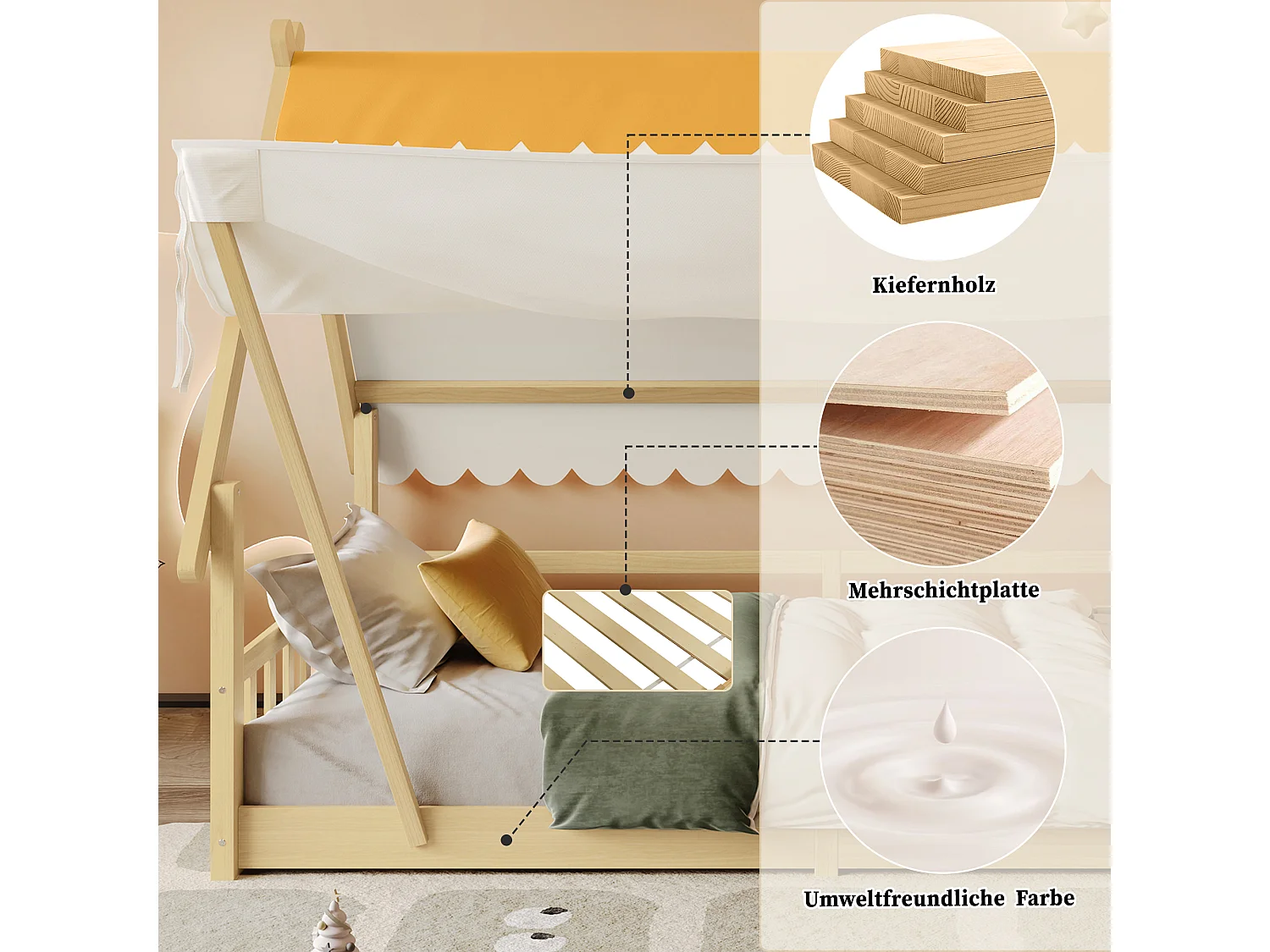 Lit enfant en bois - 90 x 190 cm - design de maison - avec tente amovible - pin + contreplaqué - naturel