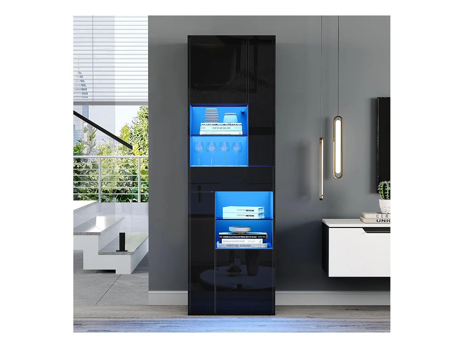 Vitrine en verre avec Leds + 1 tiroir et 4 rangement - 55 x 38 x 170 cm - aggloméré - noir