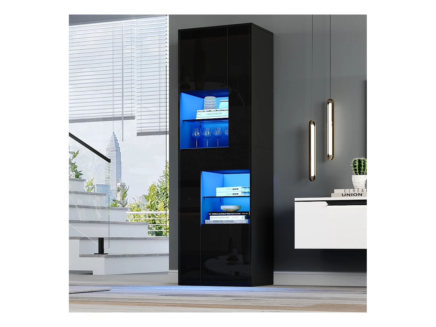 Vitrine en verre avec Leds + 1 tiroir et 4 rangement - 55 x 38 x 170 cm - aggloméré - noir