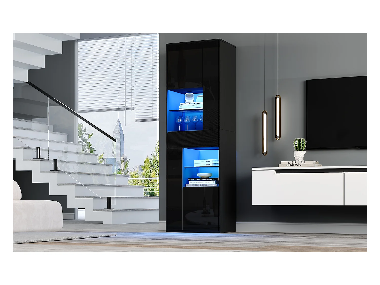 Vitrine en verre avec Leds + 1 tiroir et 4 rangement - 55 x 38 x 170 cm - aggloméré - noir