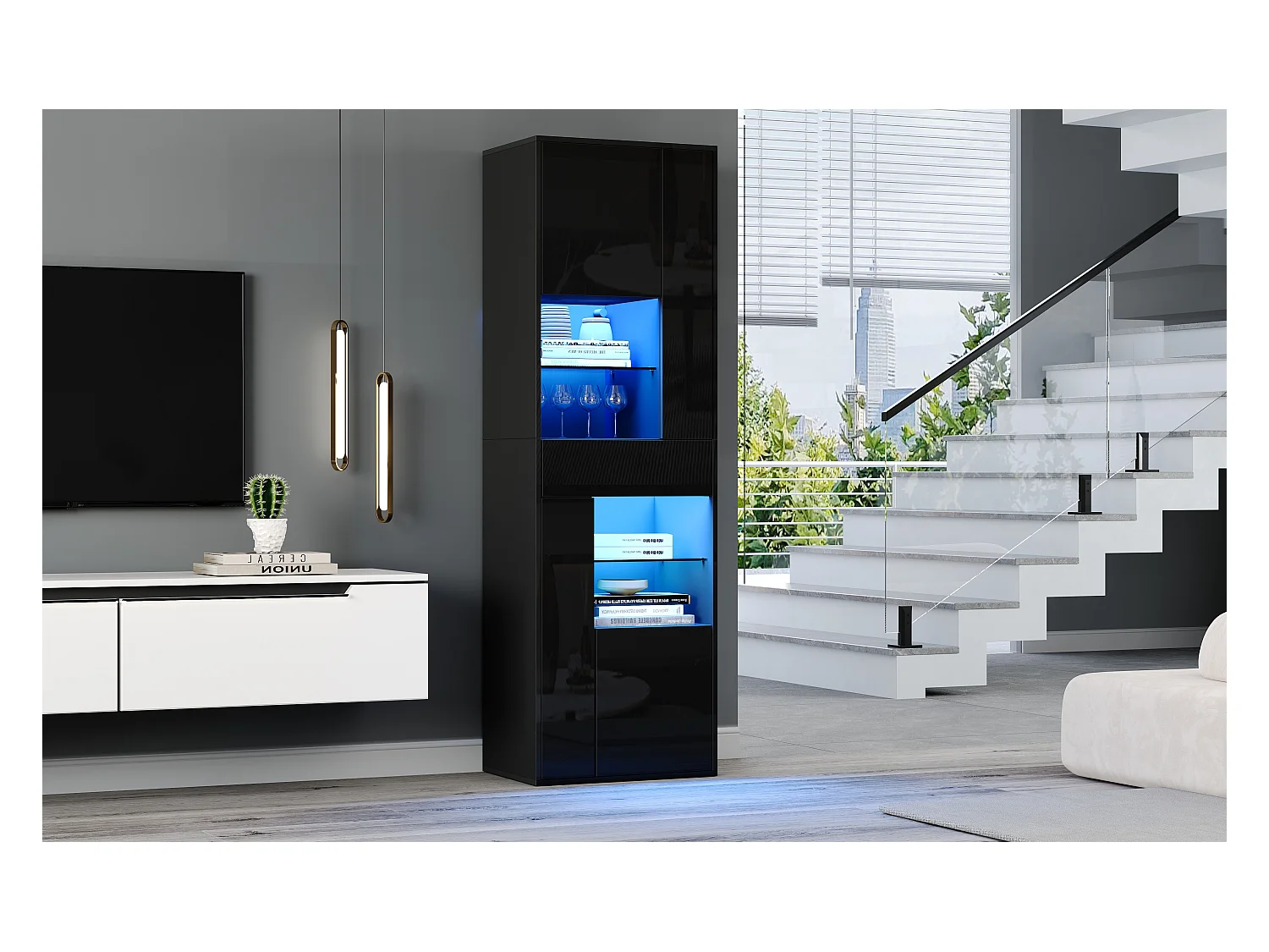 Vitrine en verre avec Leds + 1 tiroir et 4 rangement - 55 x 38 x 170 cm - aggloméré - noir