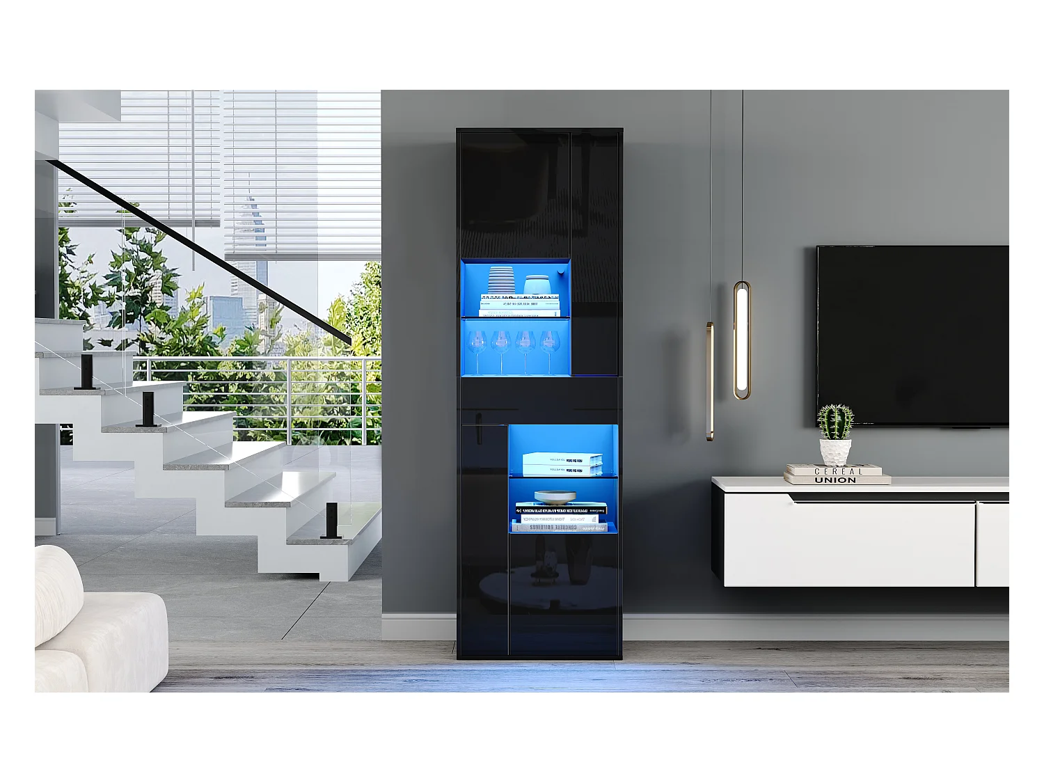 Vitrine en verre avec Leds + 1 tiroir et 4 rangement - 55 x 38 x 170 cm - aggloméré - noir