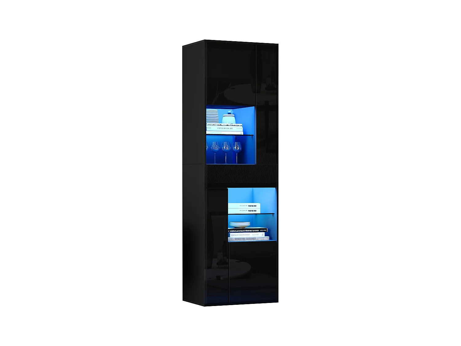 Vitrine en verre avec Leds + 1 tiroir et 4 rangement - 55 x 38 x 170 cm - aggloméré - noir