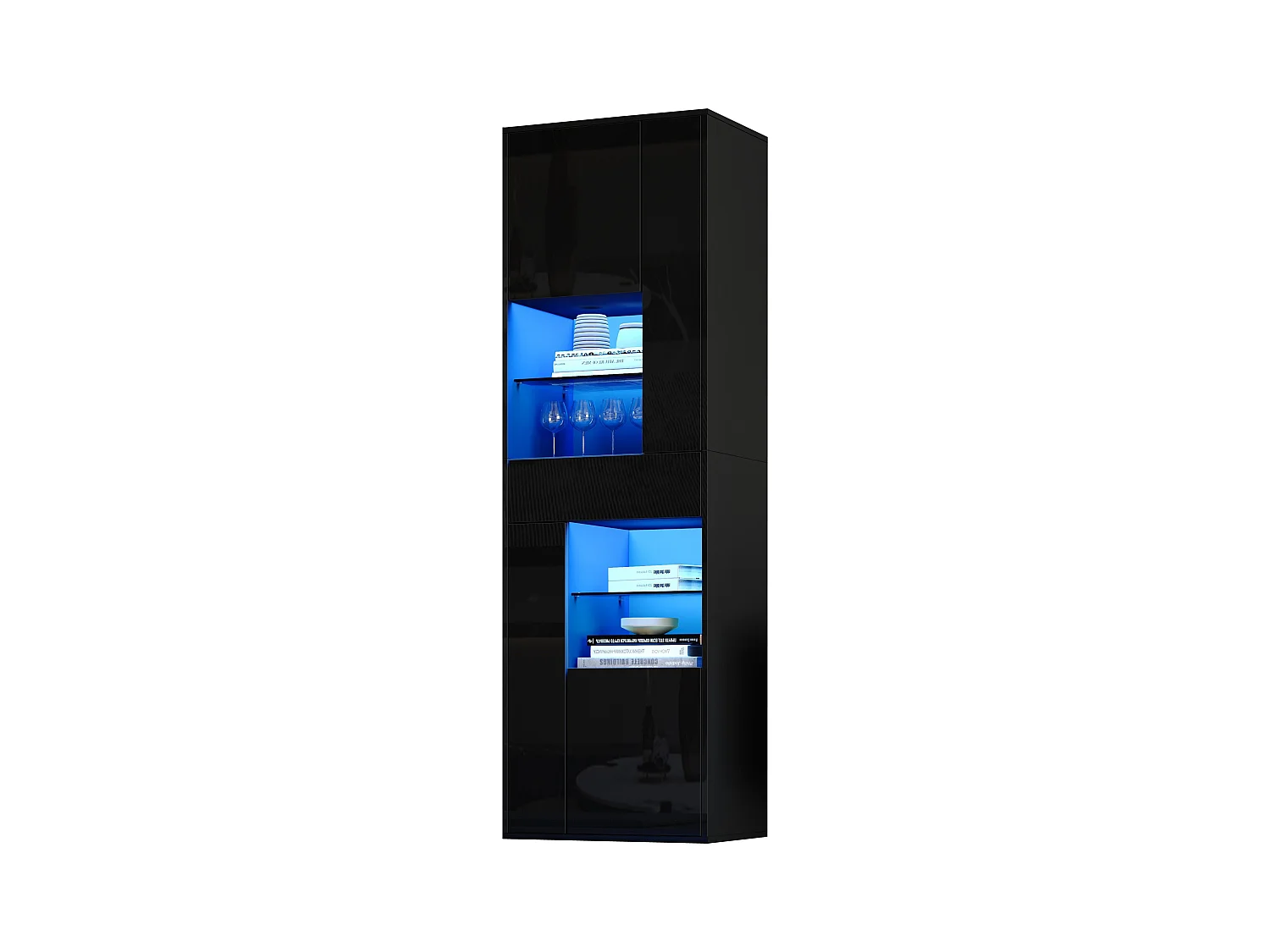 Vitrine en verre avec Leds + 1 tiroir et 4 rangement - 55 x 38 x 170 cm - aggloméré - noir