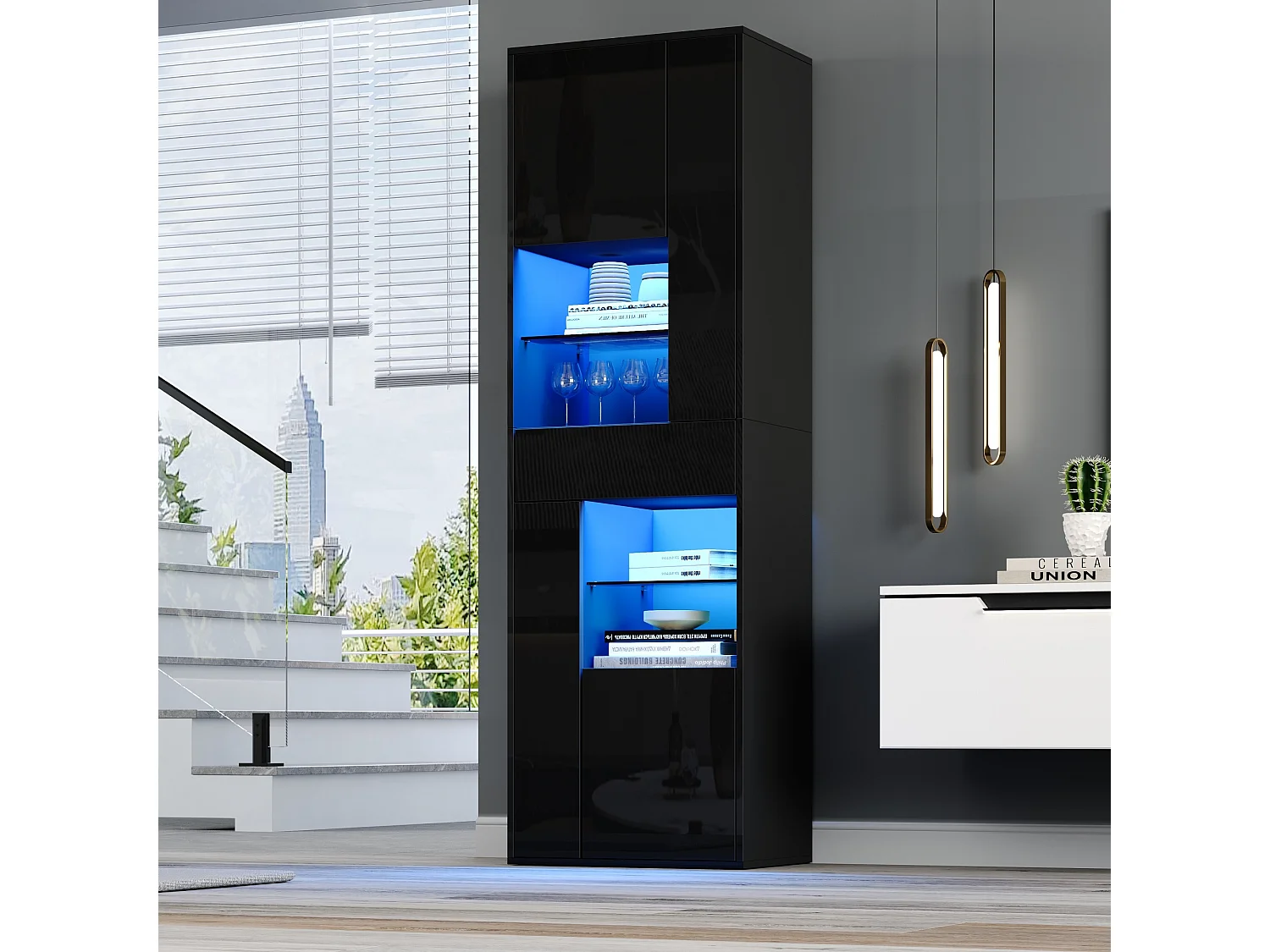 Vitrine en verre avec Leds + 1 tiroir et 4 rangement - 55 x 38 x 170 cm - aggloméré - noir