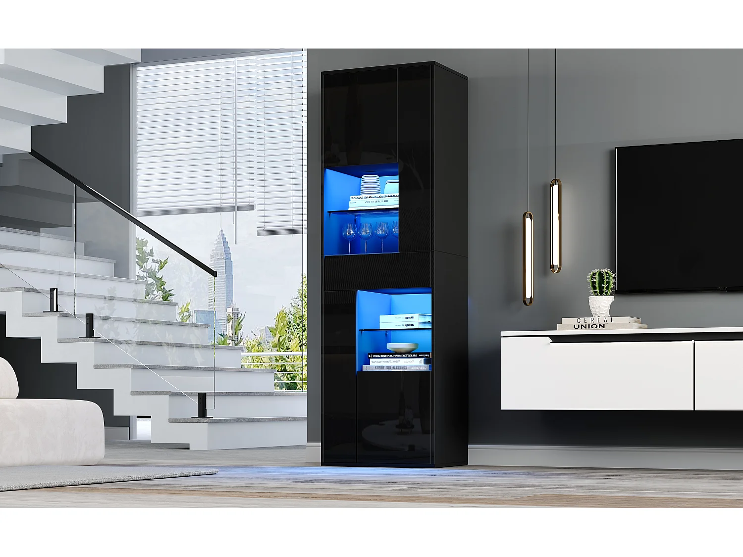 Vitrine en verre avec Leds + 1 tiroir et 4 rangement - 55 x 38 x 170 cm - aggloméré - noir