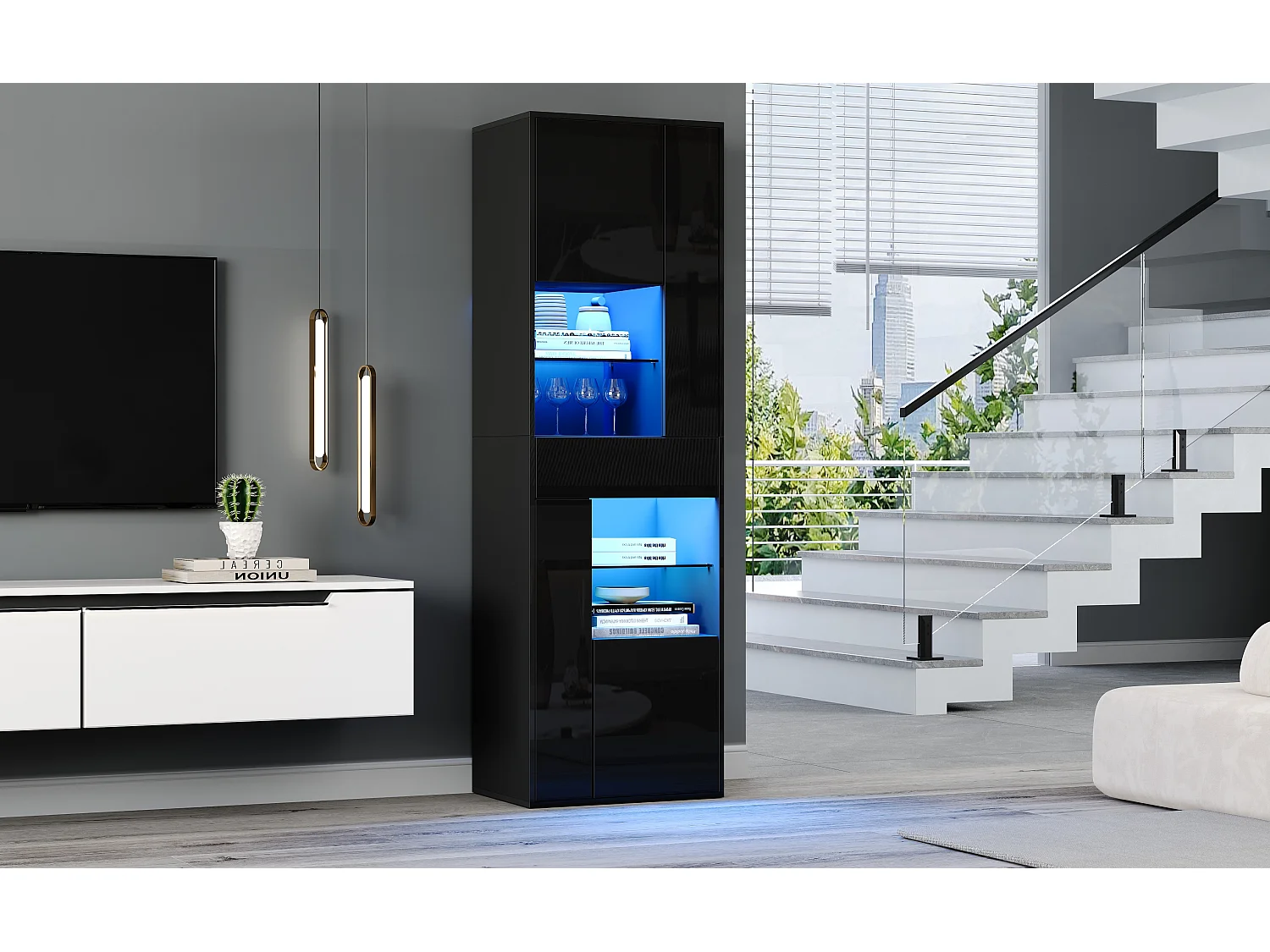 Vitrine en verre avec Leds + 1 tiroir et 4 rangement - 55 x 38 x 170 cm - aggloméré - noir