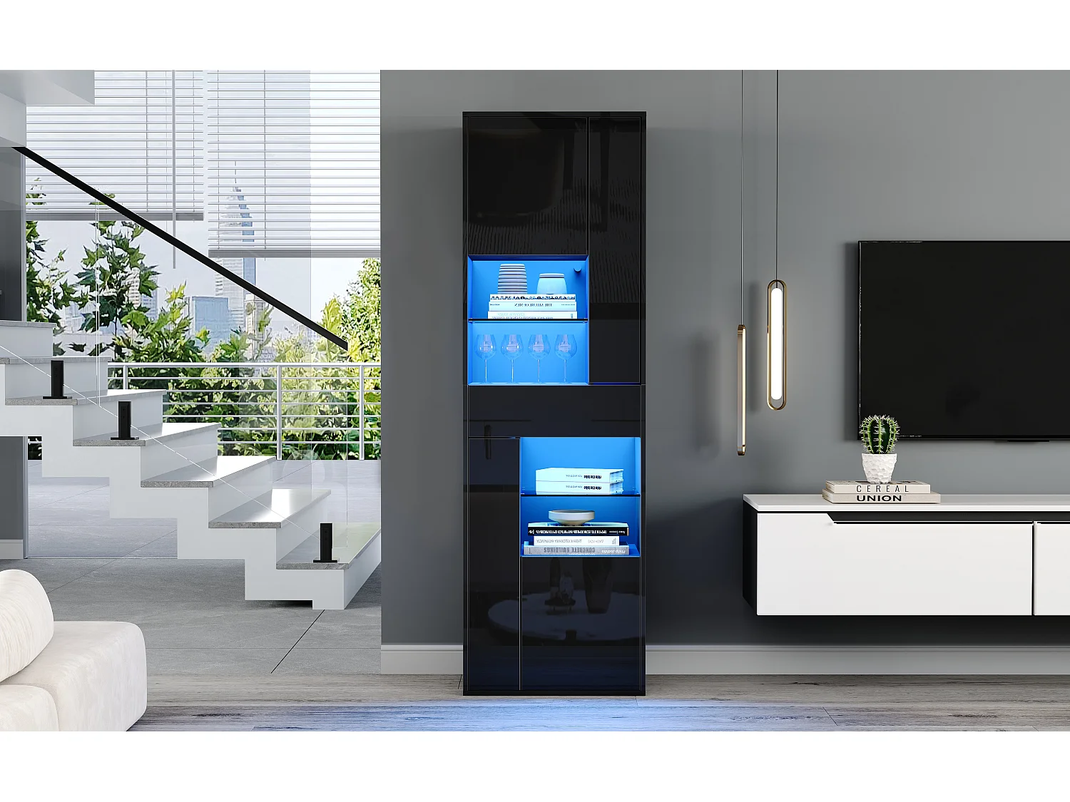 Vitrine en verre avec Leds + 1 tiroir et 4 rangement - 55 x 38 x 170 cm - aggloméré - noir