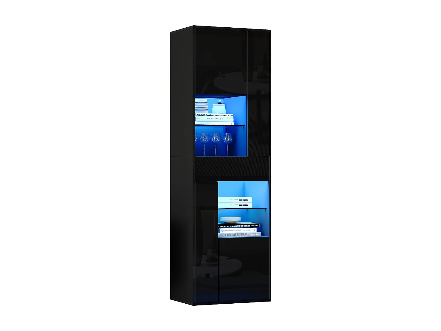 Vitrine en verre avec Leds + 1 tiroir et 4 rangement - 55 x 38 x 170 cm - aggloméré - noir