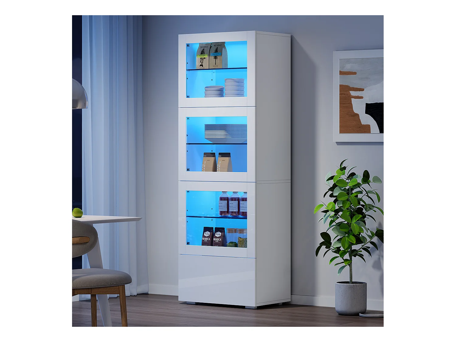 Vitrine brillant avec Leds + 3 étagères en verre + 1 tiroir - 60 x 40 x 173 cm - MDF + verre - blanc