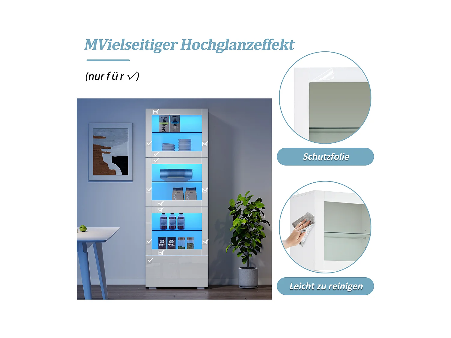 Vitrine brillant avec Leds + 3 étagères en verre + 1 tiroir - 60 x 40 x 173 cm - MDF + verre - blanc