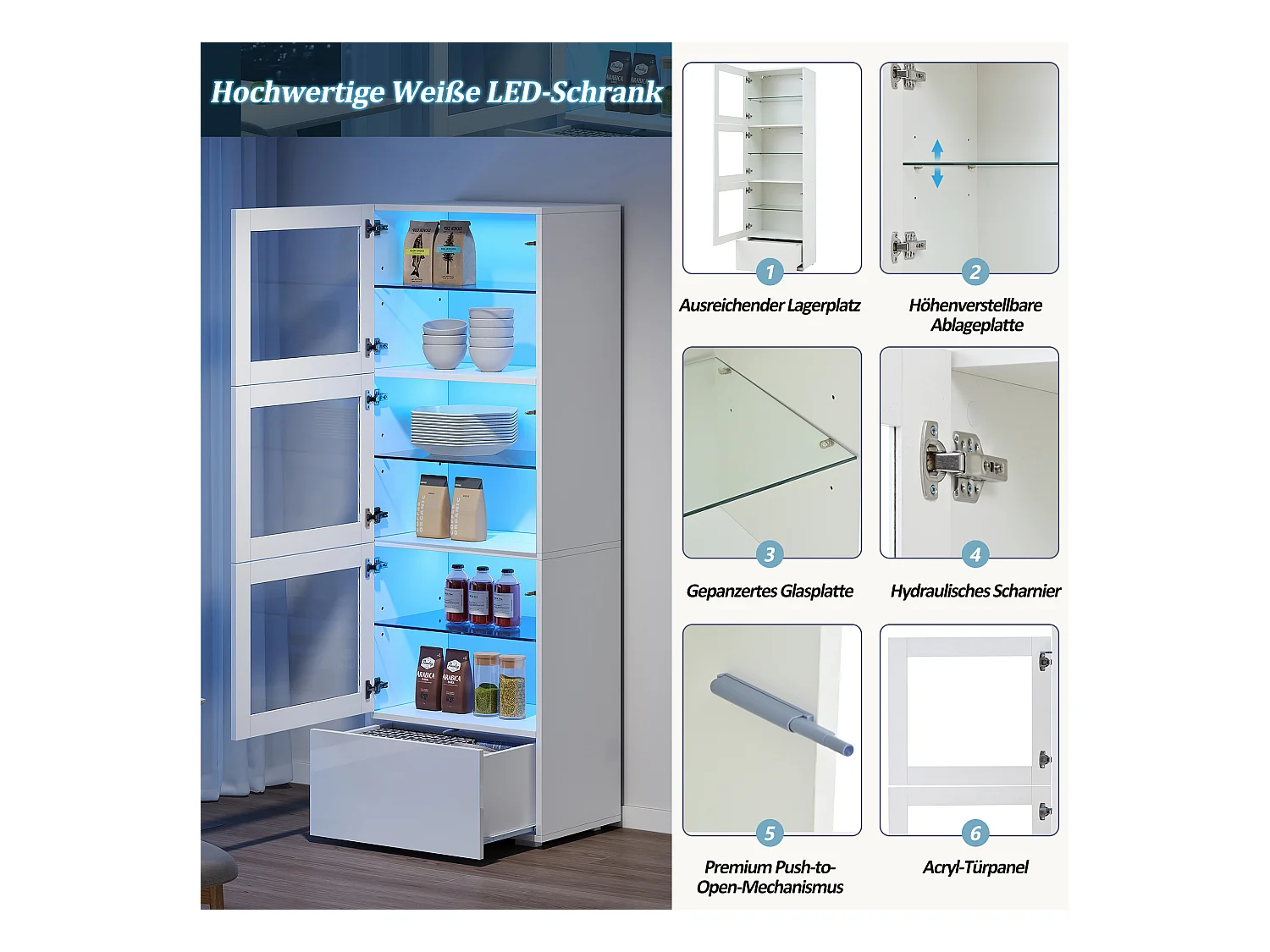 Vitrine brillant avec Leds + 3 étagères en verre + 1 tiroir - 60 x 40 x 173 cm - MDF + verre - blanc