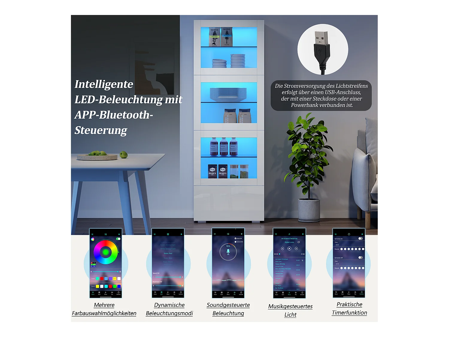 Vitrine brillant avec Leds + 3 étagères en verre + 1 tiroir - 60 x 40 x 173 cm - MDF + verre - blanc