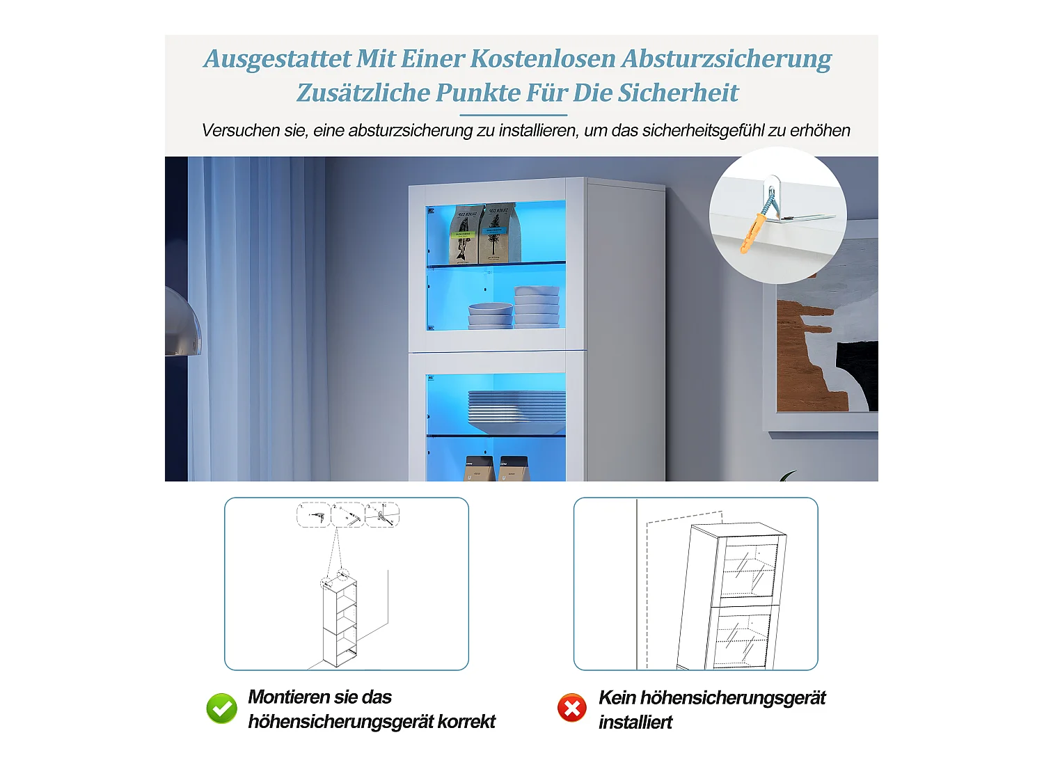 Vitrine brillant avec Leds + 3 étagères en verre + 1 tiroir - 60 x 40 x 173 cm - MDF + verre - blanc
