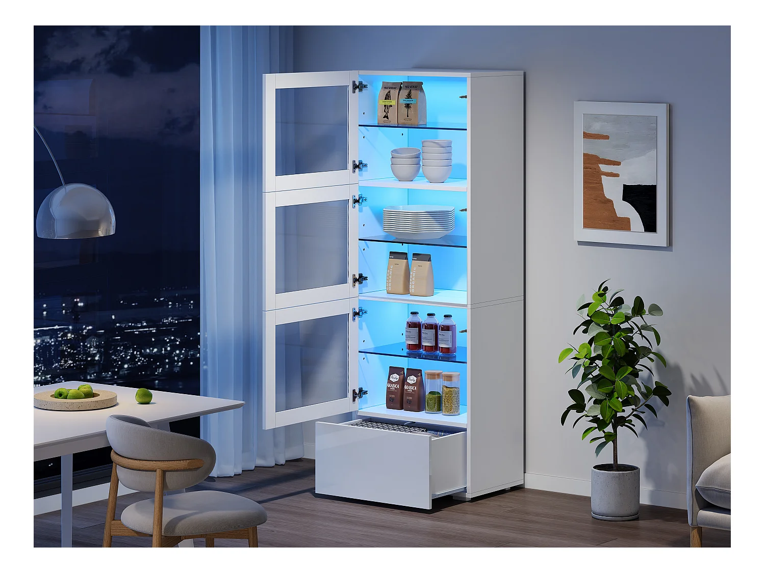 Vitrine brillant avec Leds + 3 étagères en verre + 1 tiroir - 60 x 40 x 173 cm - MDF + verre - blanc