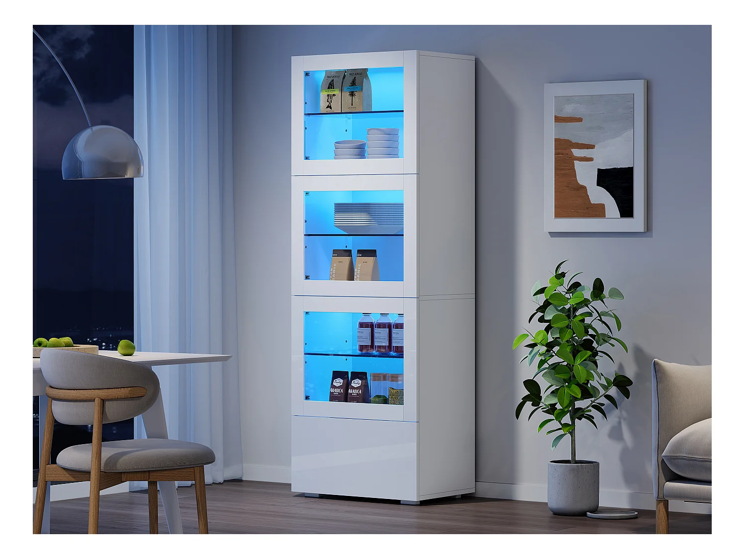 Vitrine brillant avec Leds + 3 étagères en verre + 1 tiroir - 60 x 40 x 173 cm - MDF + verre - blanc