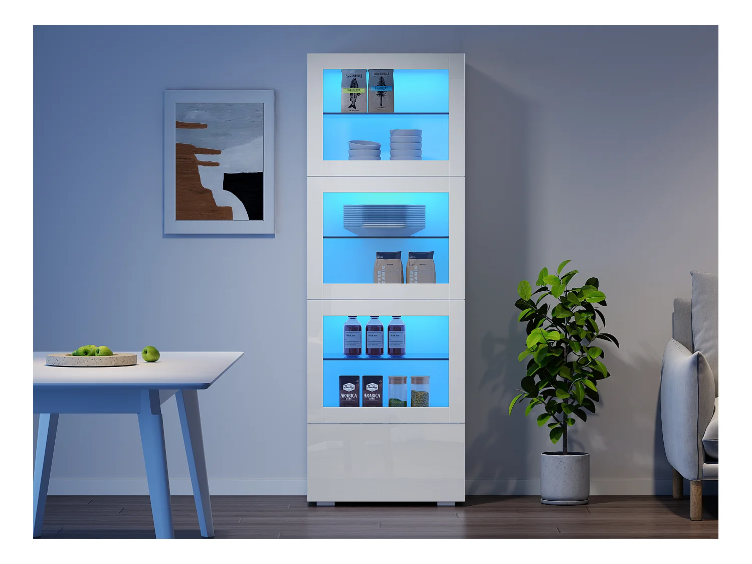 Vitrine brillant avec Leds + 3 étagères en verre + 1 tiroir - 60 x 40 x 173 cm - MDF + verre - blanc