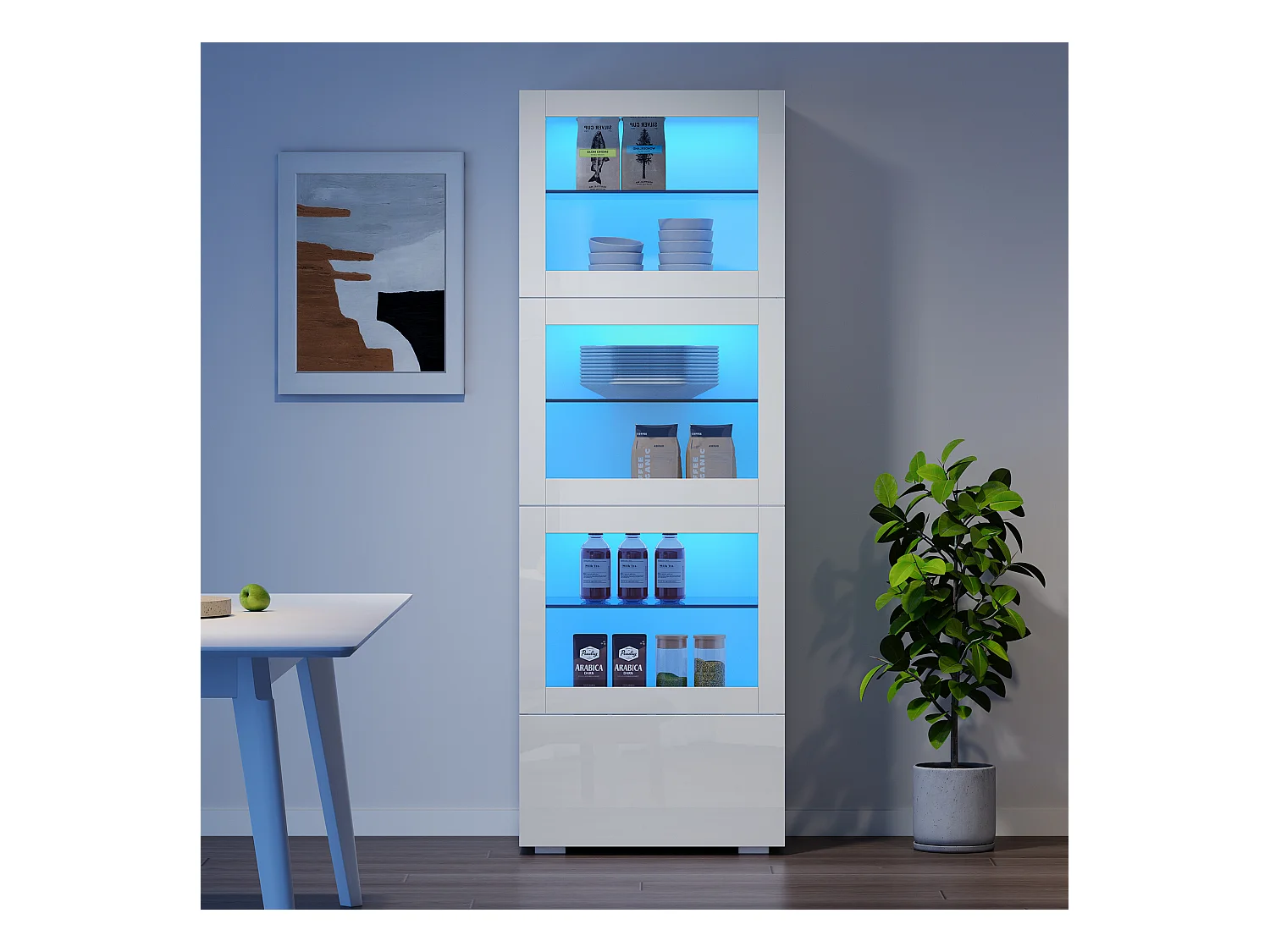 Vitrine brillant avec Leds + 3 étagères en verre + 1 tiroir - 60 x 40 x 173 cm - MDF + verre - blanc