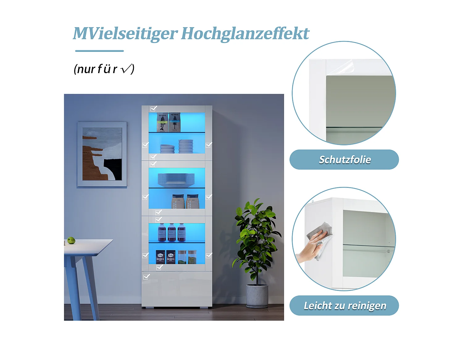 Vitrine brillant avec Leds + 3 étagères en verre + 1 tiroir - 60 x 40 x 173 cm - MDF + verre - blanc