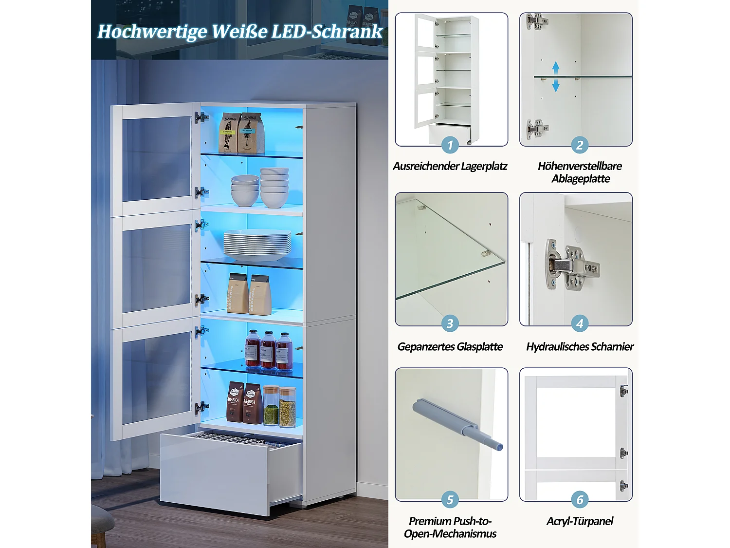 Vitrine brillant avec Leds + 3 étagères en verre + 1 tiroir - 60 x 40 x 173 cm - MDF + verre - blanc