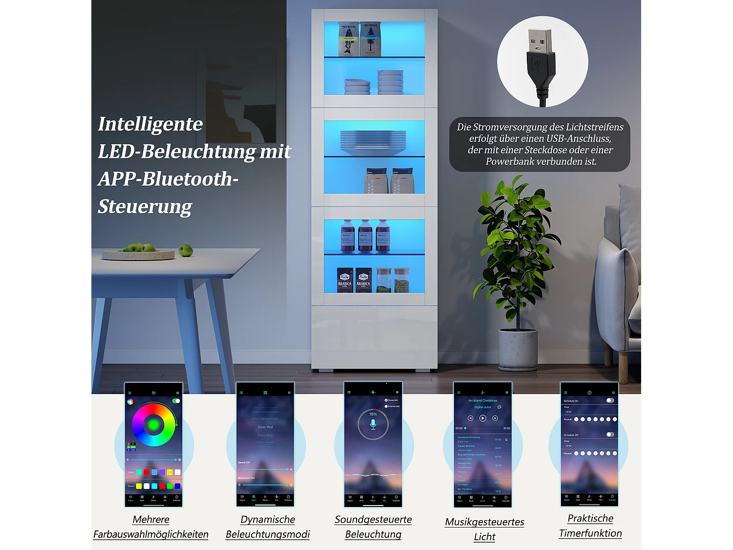 Vitrine brillant avec Leds + 3 étagères en verre + 1 tiroir - 60 x 40 x 173 cm - MDF + verre - blanc