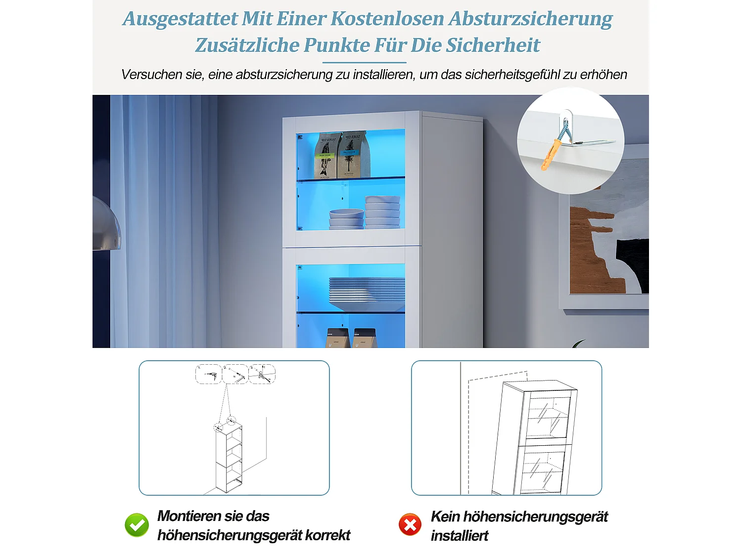Vitrine brillant avec Leds + 3 étagères en verre + 1 tiroir - 60 x 40 x 173 cm - MDF + verre - blanc