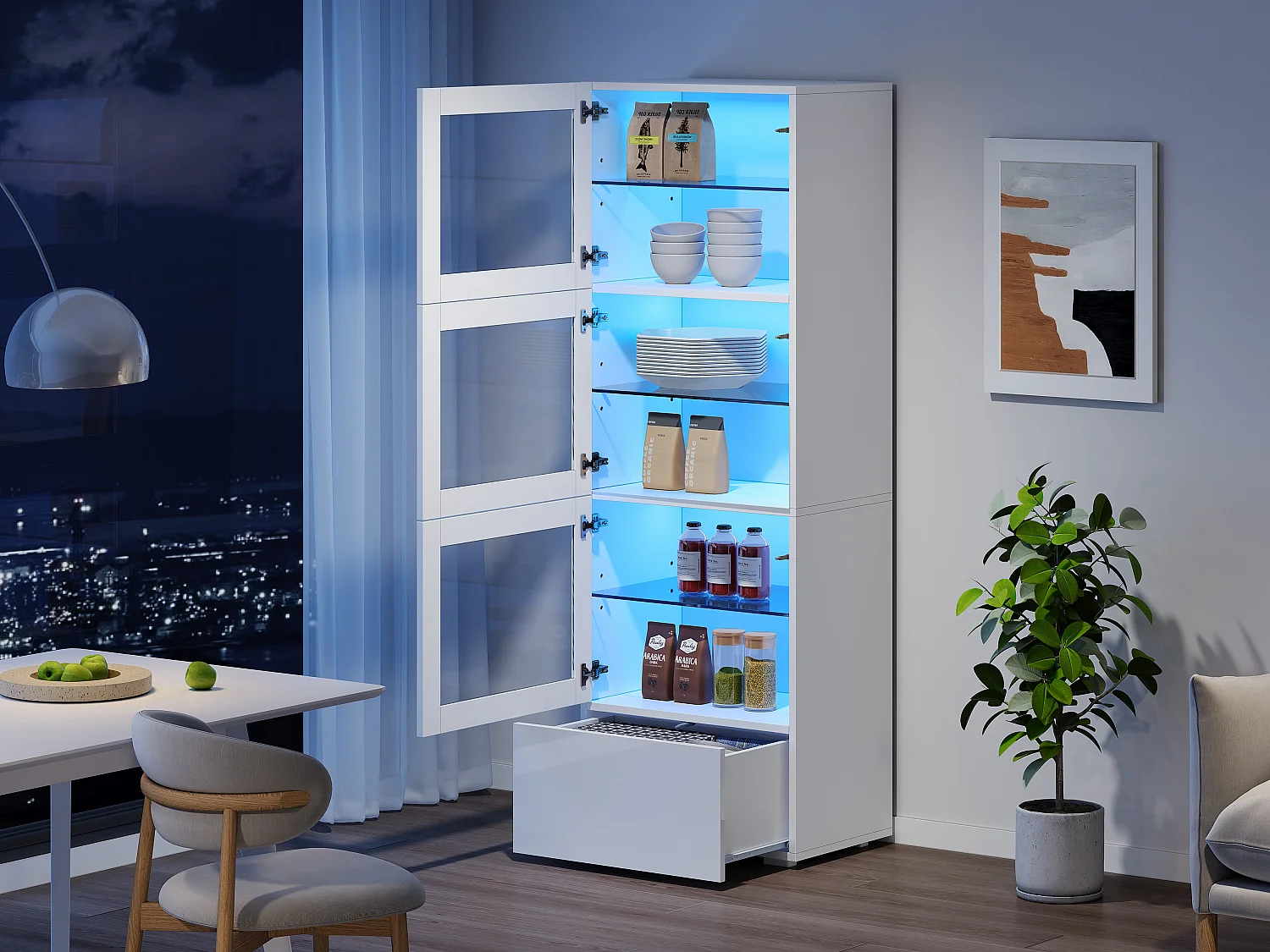 Vitrine brillant avec Leds + 3 étagères en verre + 1 tiroir - 60 x 40 x 173 cm - MDF + verre - blanc