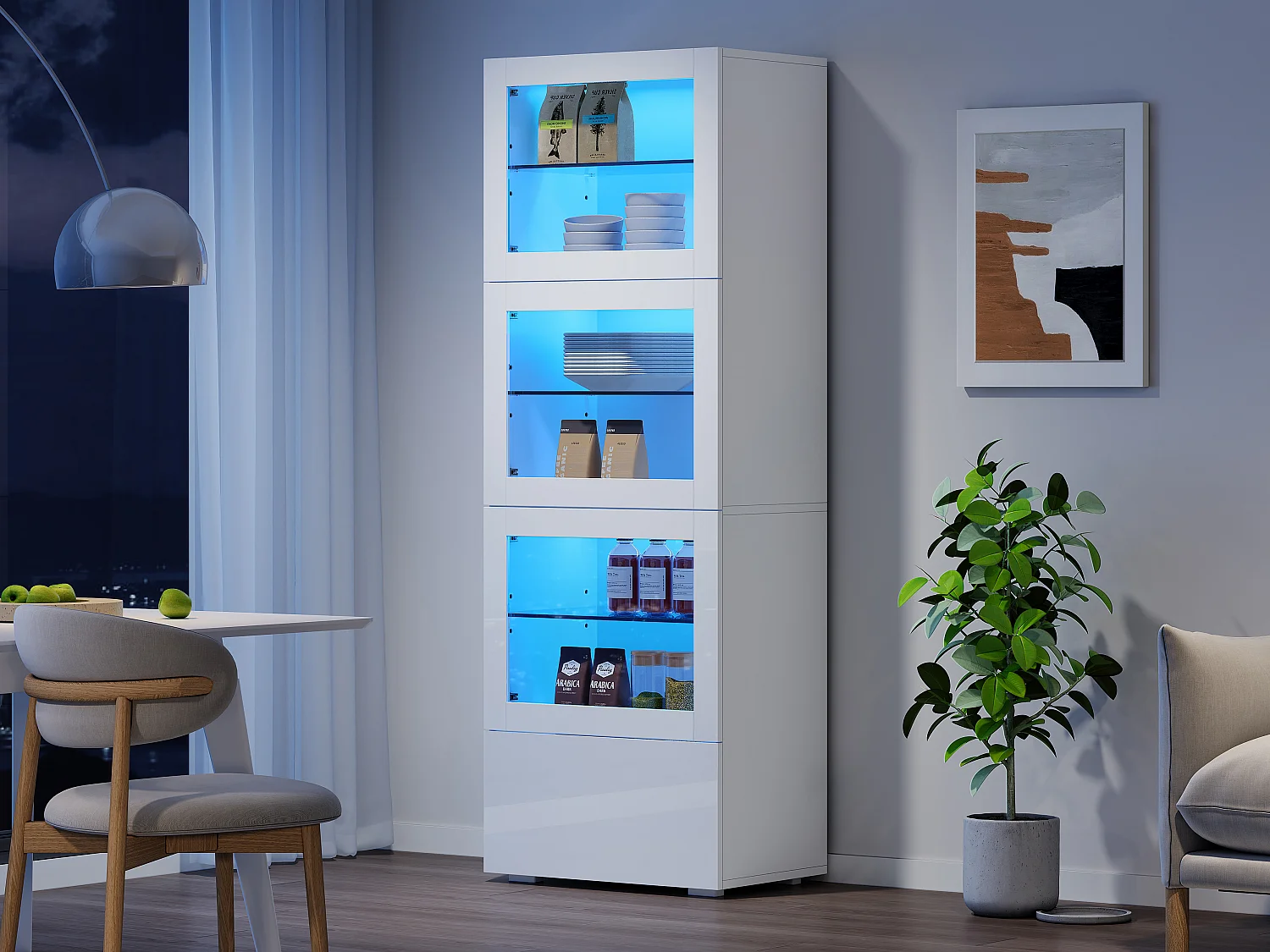 Vitrine brillant avec Leds + 3 étagères en verre + 1 tiroir - 60 x 40 x 173 cm - MDF + verre - blanc