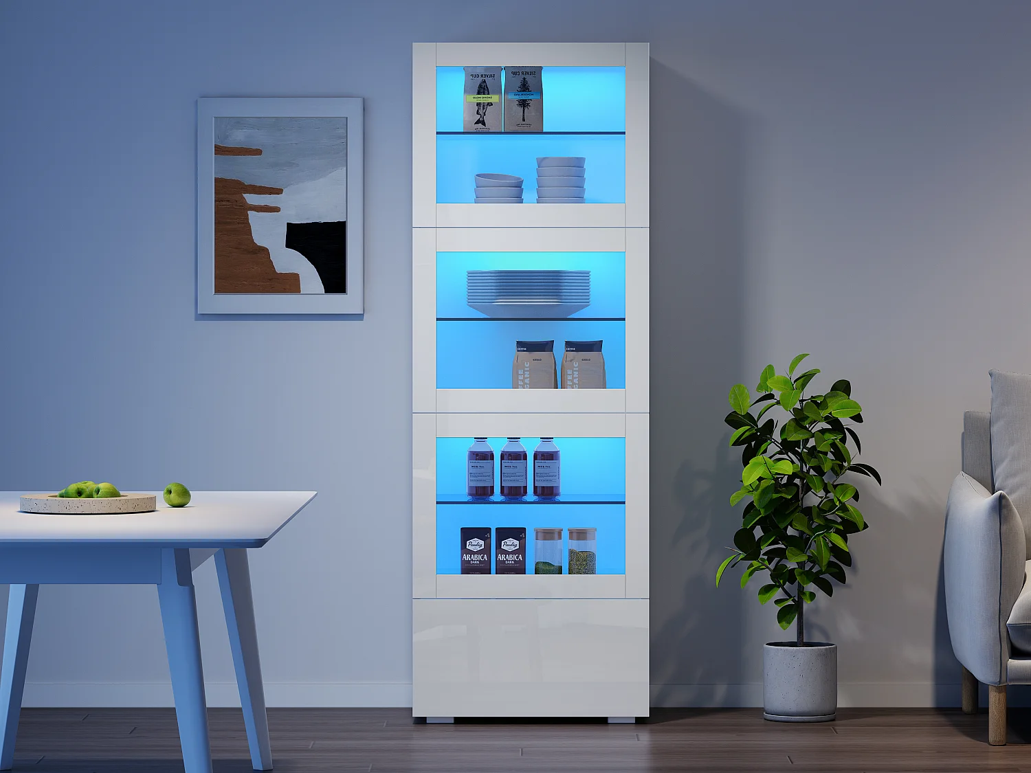 Vitrine brillant avec Leds + 3 étagères en verre + 1 tiroir - 60 x 40 x 173 cm - MDF + verre - blanc