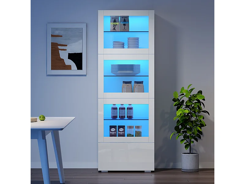 Vitrine brillant avec Leds + 3 étagères en verre + 1 tiroir - 60 x 40 x 173 cm - MDF + verre - blanc