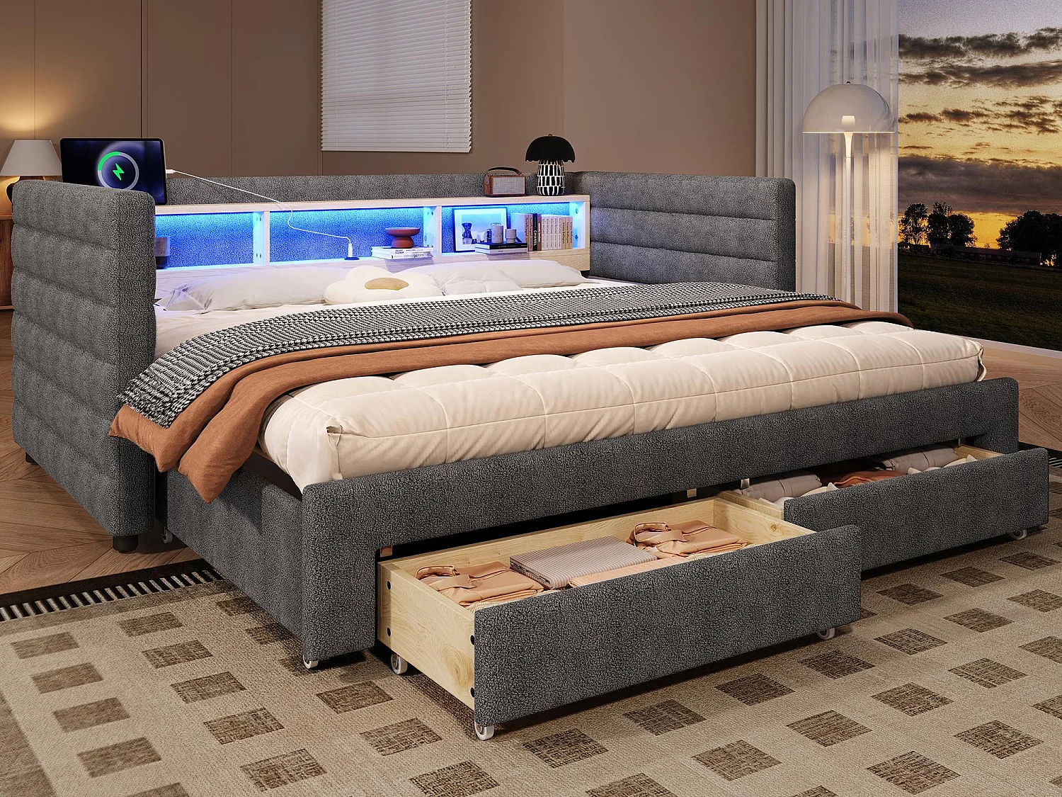 Canapé-lit 90x190 cm - avec lit gigogne - avec ports USB + Type-C - avec 2 tiroirs - bande lumineuse LED - gris (matelas non inclus)