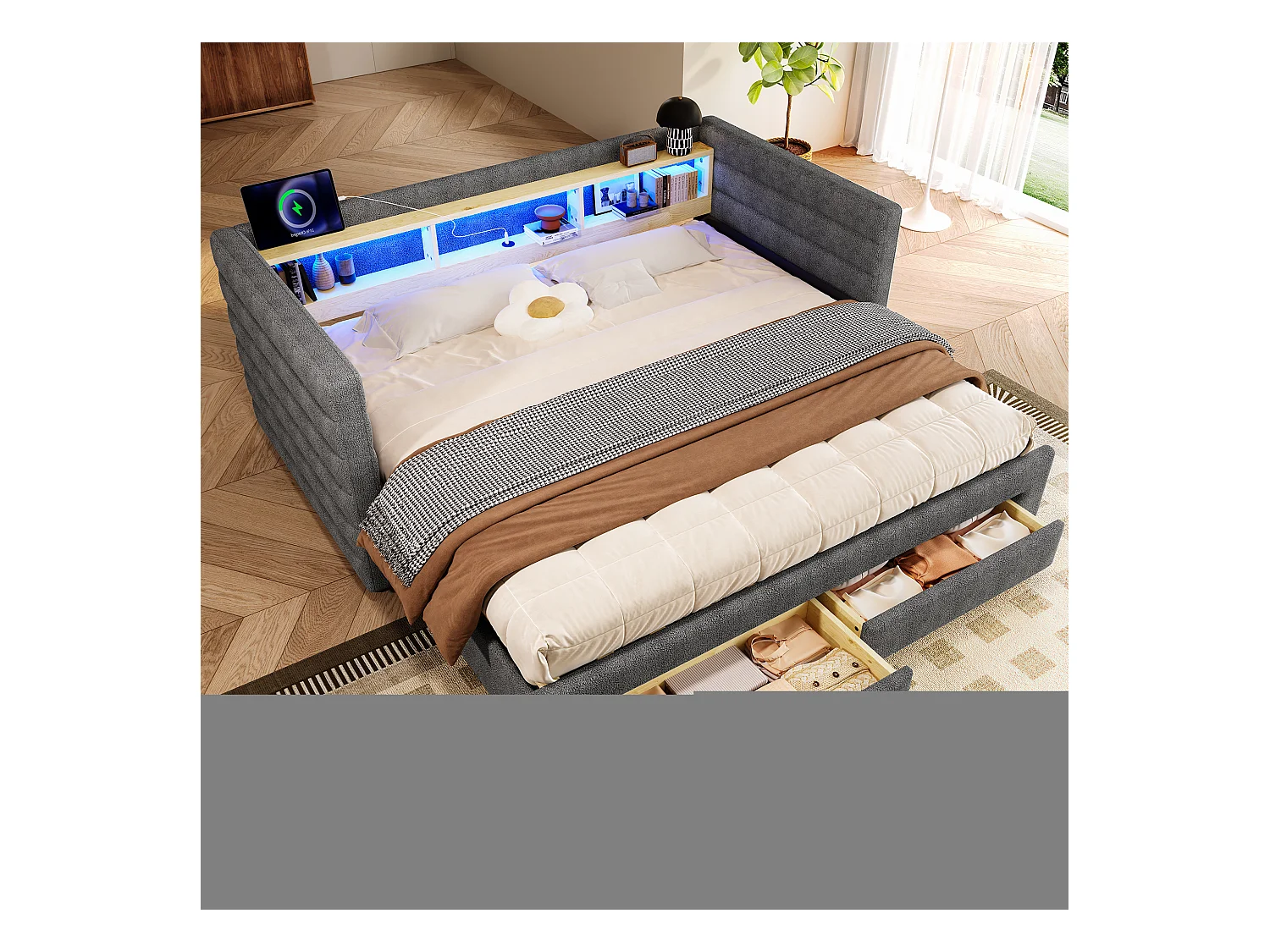 Canapé-lit 90x190 cm - avec lit gigogne - avec ports USB + Type-C - avec 2 tiroirs - bande lumineuse LED - gris (matelas non inclus)