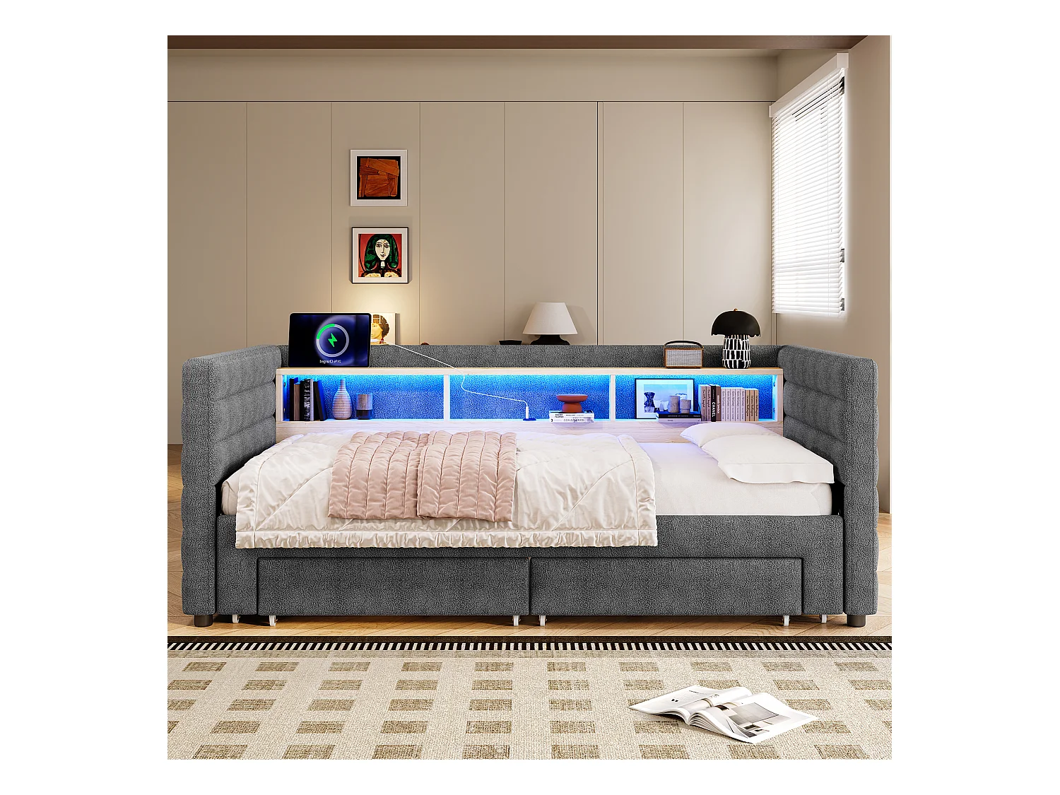 Canapé-lit 90x190 cm - avec lit gigogne - avec ports USB + Type-C - avec 2 tiroirs - bande lumineuse LED - gris (matelas non inclus)
