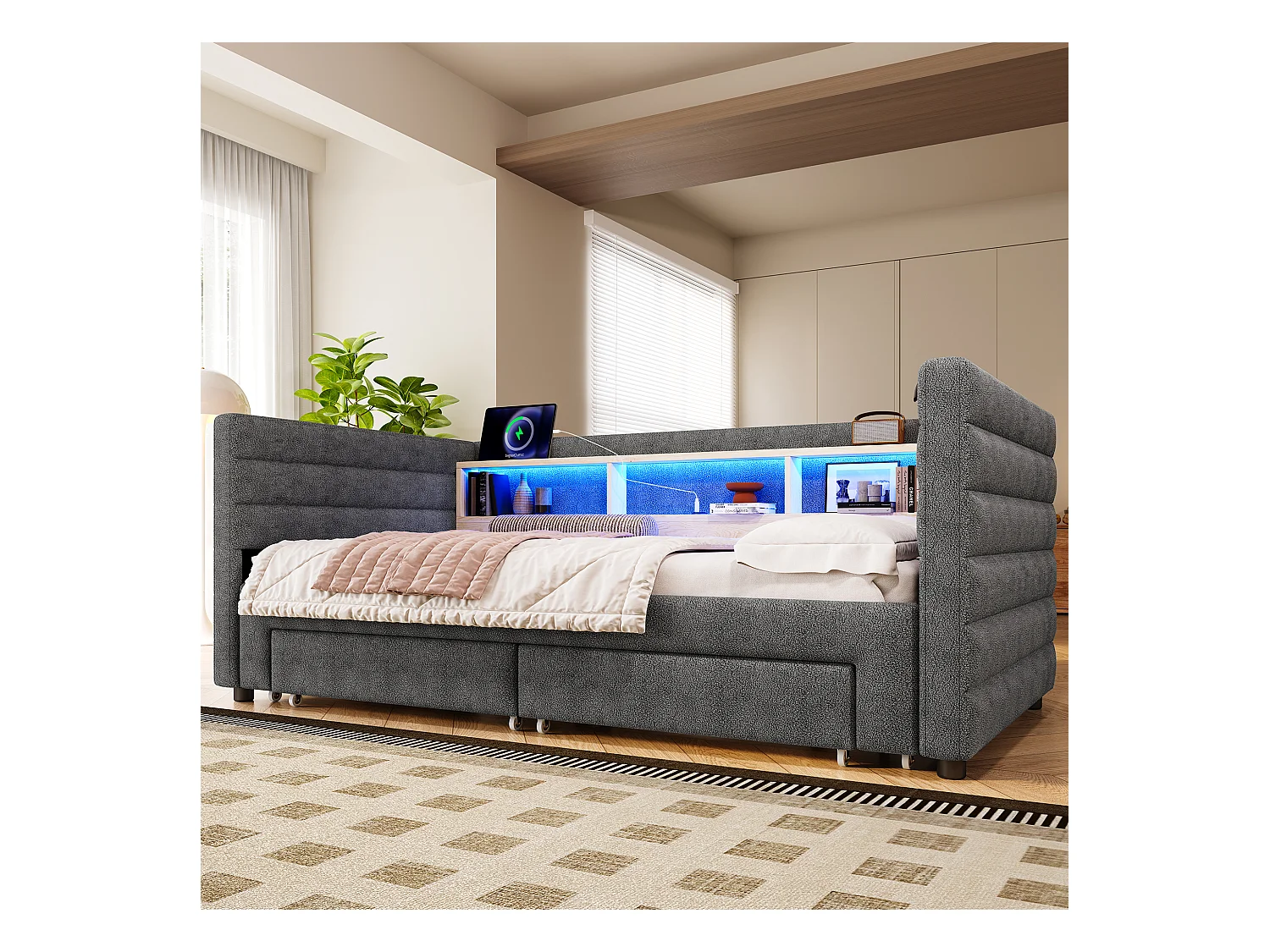 Canapé-lit 90x190 cm - avec lit gigogne - avec ports USB + Type-C - avec 2 tiroirs - bande lumineuse LED - gris (matelas non inclus)