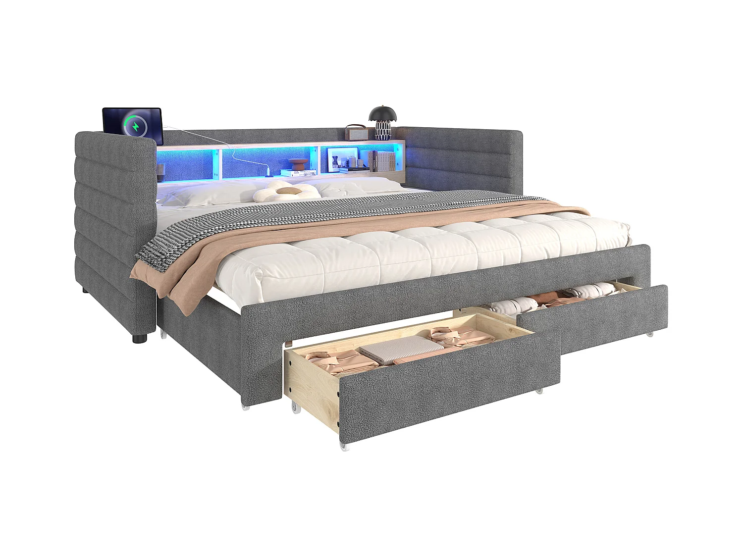 Canapé-lit 90x190 cm - avec lit gigogne - avec ports USB + Type-C - avec 2 tiroirs - bande lumineuse LED - gris (matelas non inclus)