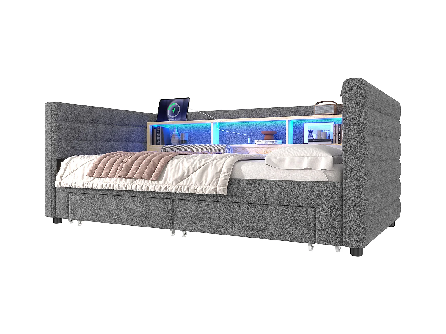Canapé-lit 90x190 cm - avec lit gigogne - avec ports USB + Type-C - avec 2 tiroirs - bande lumineuse LED - gris (matelas non inclus)