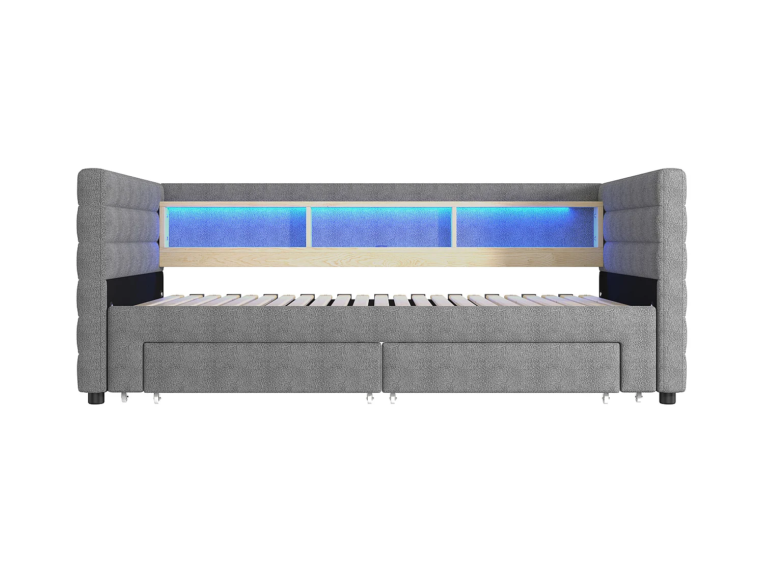 Canapé-lit 90x190 cm - avec lit gigogne - avec ports USB + Type-C - avec 2 tiroirs - bande lumineuse LED - gris (matelas non inclus)