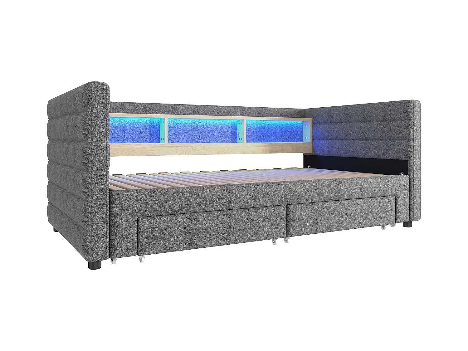 Canapé-lit 90x190 cm - avec lit gigogne - avec ports USB + Type-C - avec 2 tiroirs - bande lumineuse LED - gris (matelas non inclus)