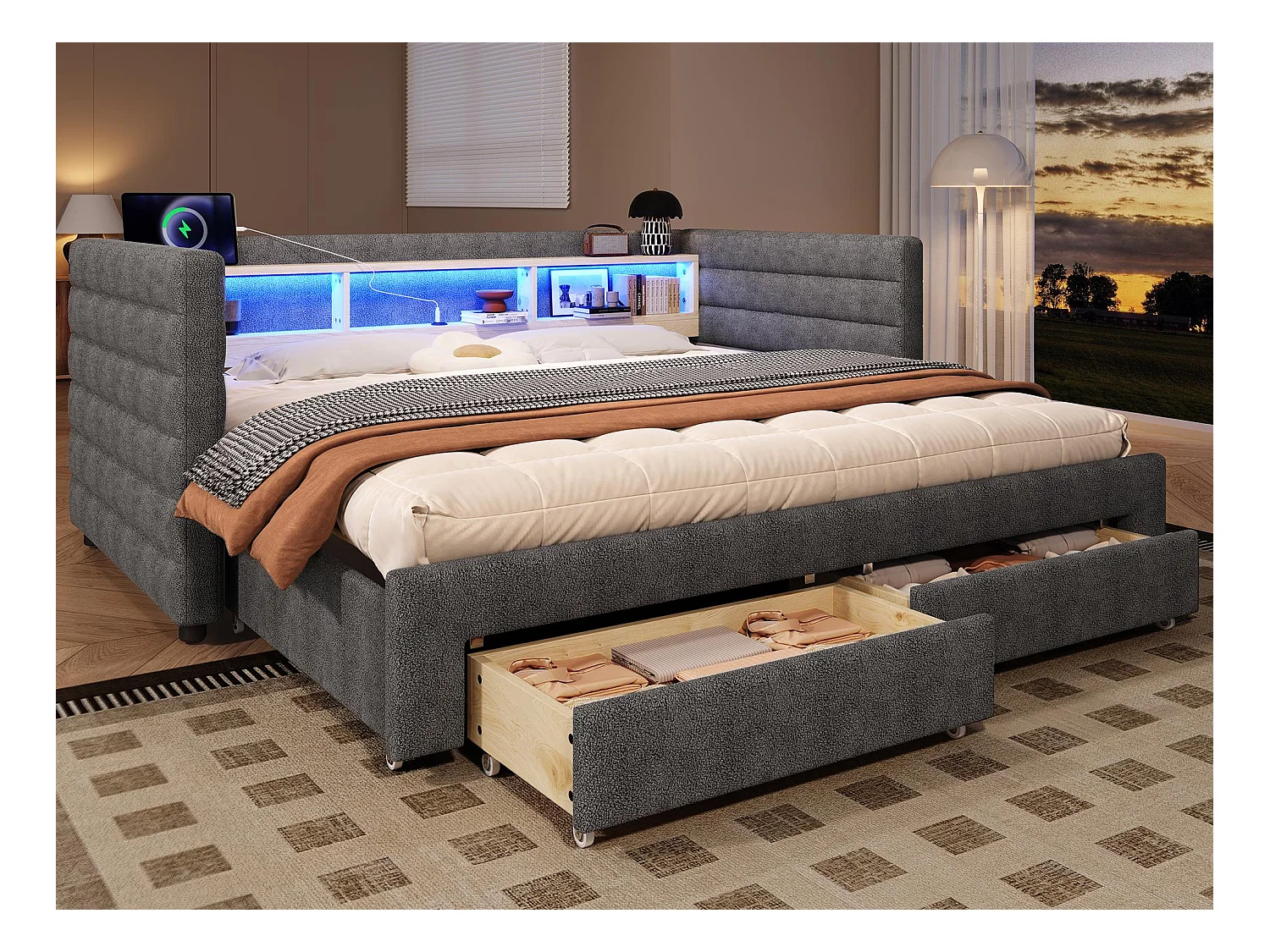 Canapé-lit 90x190 cm - avec lit gigogne - avec ports USB + Type-C - avec 2 tiroirs - bande lumineuse LED - gris (matelas non inclus)