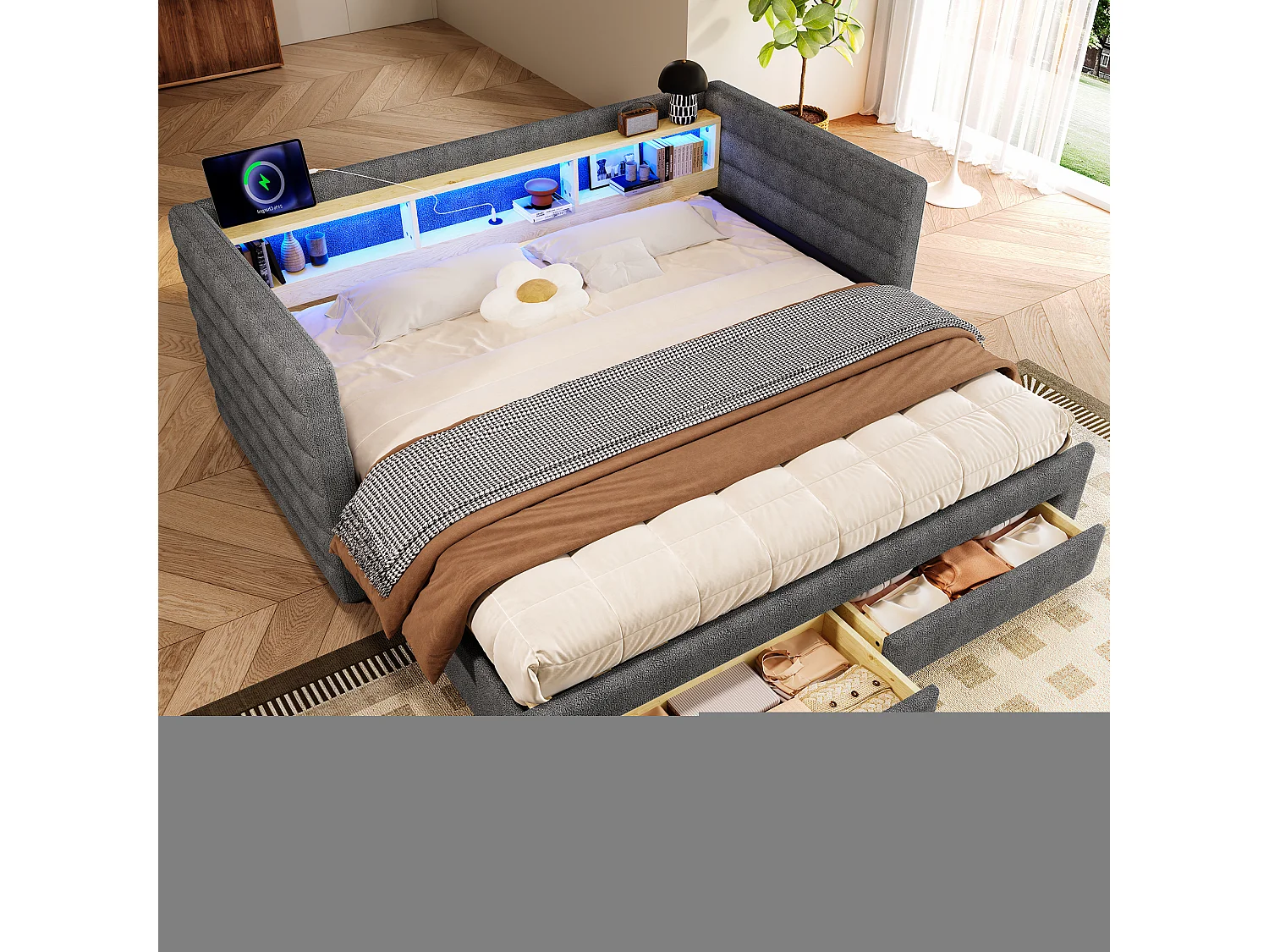 Schlafsofa 90x190 cm - mit ausziehbarer Schlaffunktion - mit USB- + Type-C-Anschlüssen - mit 2 Schubladen - LED-Leiste - grau (Matratze nicht inbegriffen)