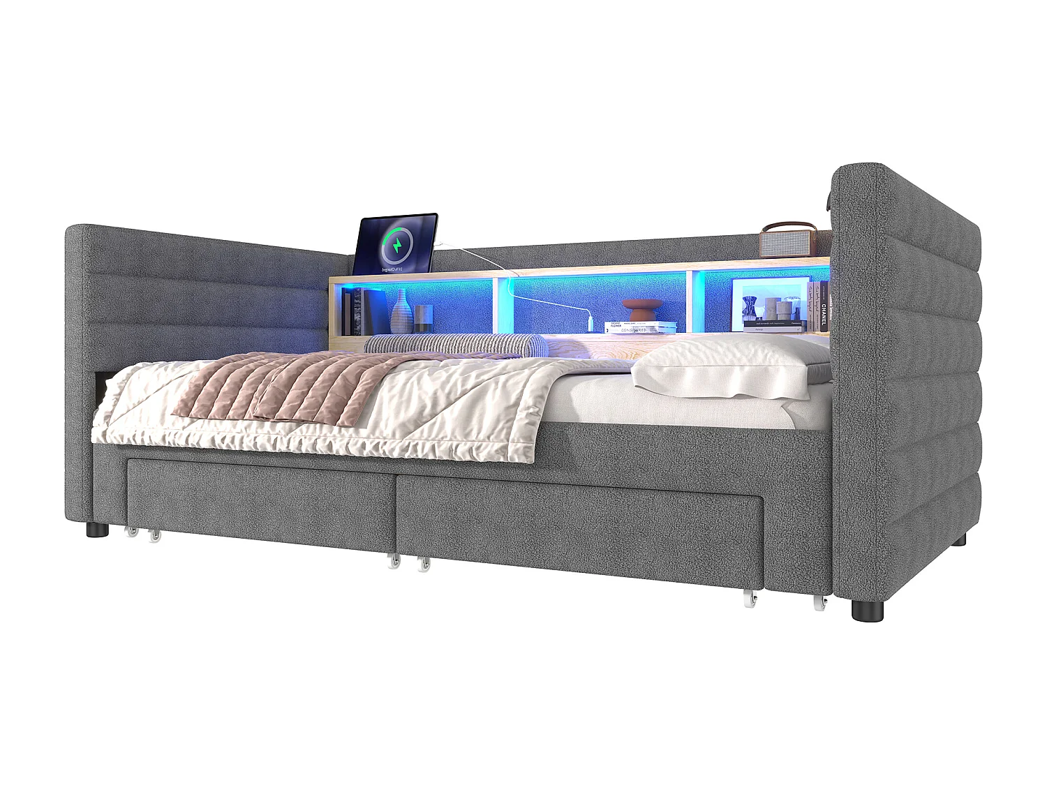 Schlafsofa 90x190 cm - mit ausziehbarer Schlaffunktion - mit USB- + Type-C-Anschlüssen - mit 2 Schubladen - LED-Leiste - grau (Matratze nicht inbegriffen)