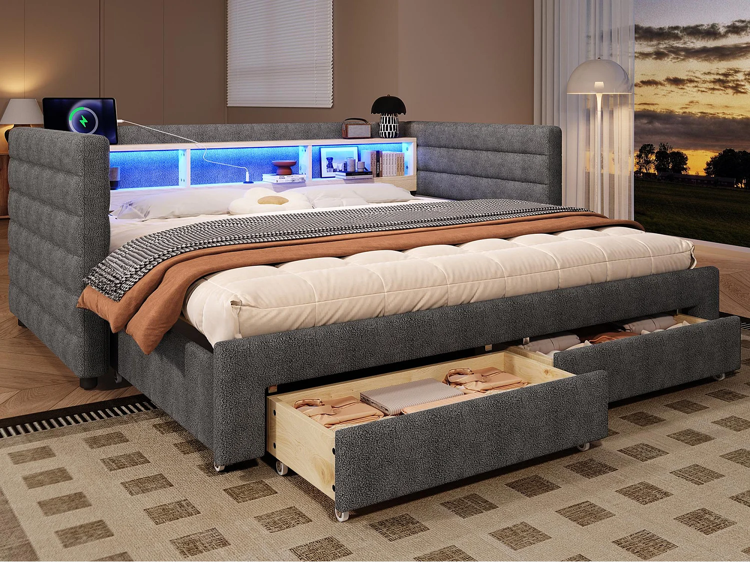 Sofa bed 90x190 cm - with pull-out bed - with USB + Type-C ports - with 2 drawers - LED light strip - grey (mattress not included)