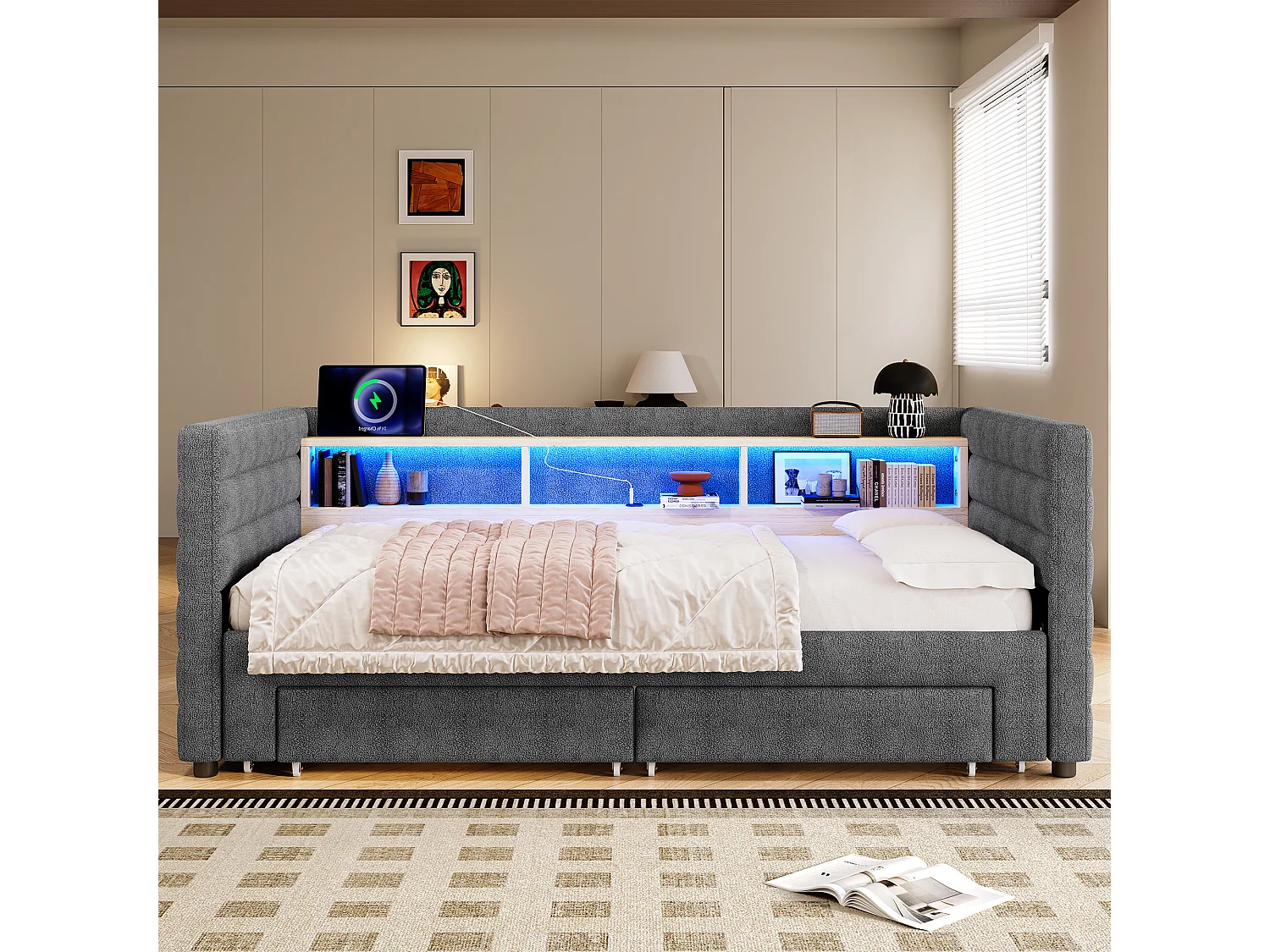 Sofa bed 90x190 cm - with pull-out bed - with USB + Type-C ports - with 2 drawers - LED light strip - grey (mattress not included)