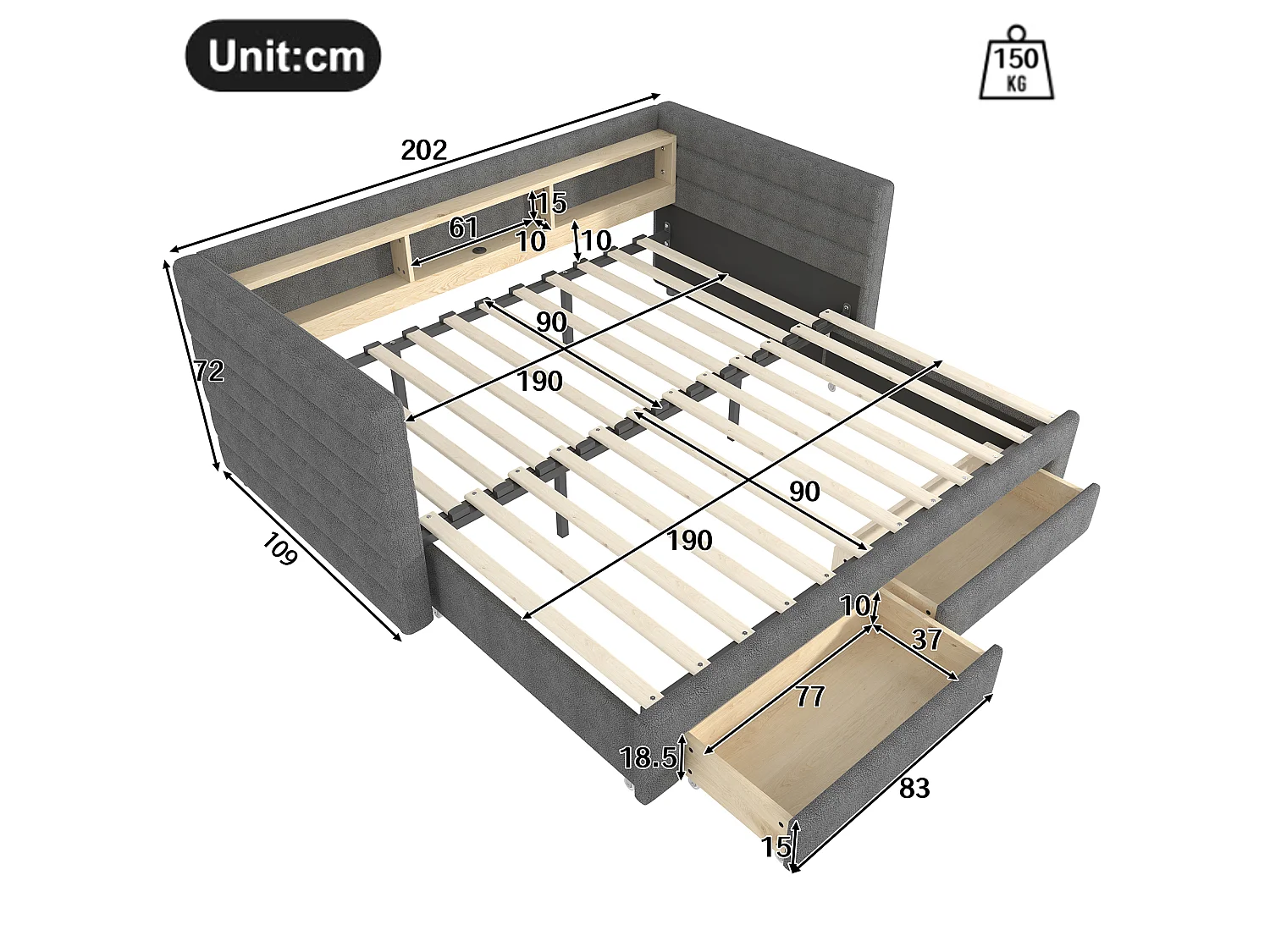 Sofa bed 90x190 cm - with pull-out bed - with USB + Type-C ports - with 2 drawers - LED light strip - grey (mattress not included)