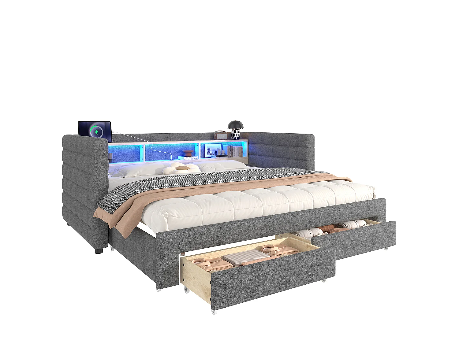 Sofa bed 90x190 cm - with pull-out bed - with USB + Type-C ports - with 2 drawers - LED light strip - grey (mattress not included)