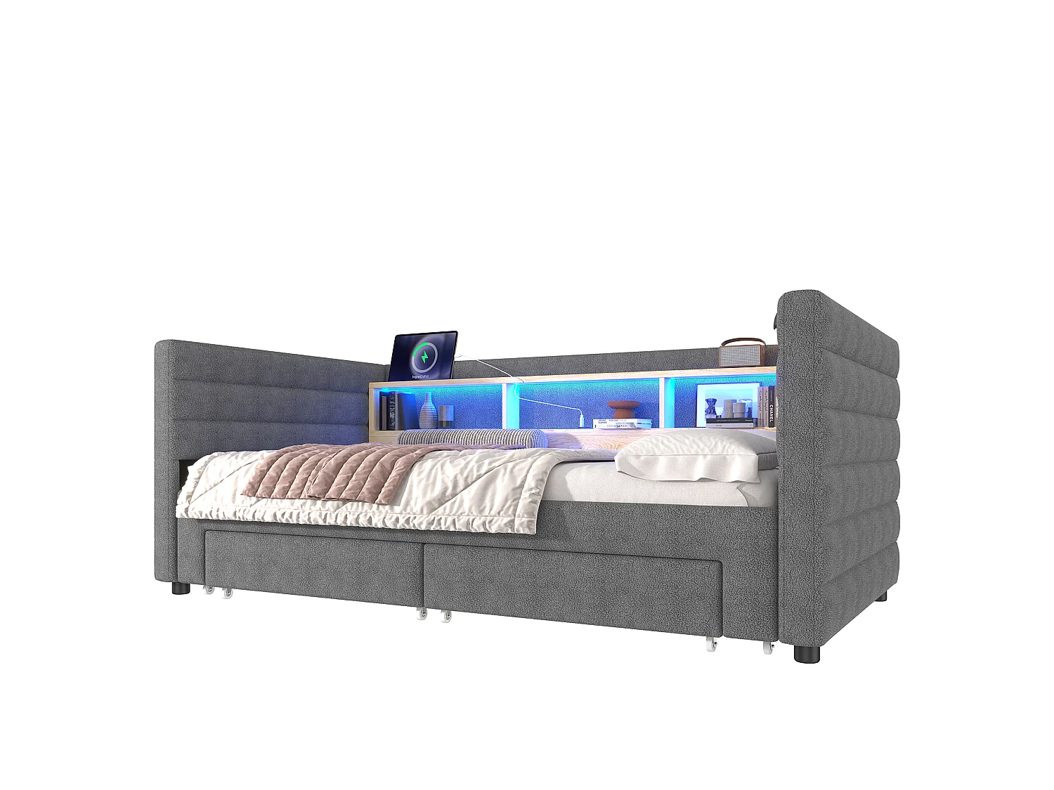 Sofa bed 90x190 cm - with pull-out bed - with USB + Type-C ports - with 2 drawers - LED light strip - grey (mattress not included)