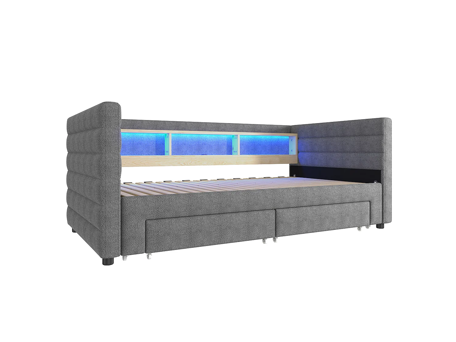Sofa bed 90x190 cm - with pull-out bed - with USB + Type-C ports - with 2 drawers - LED light strip - grey (mattress not included)