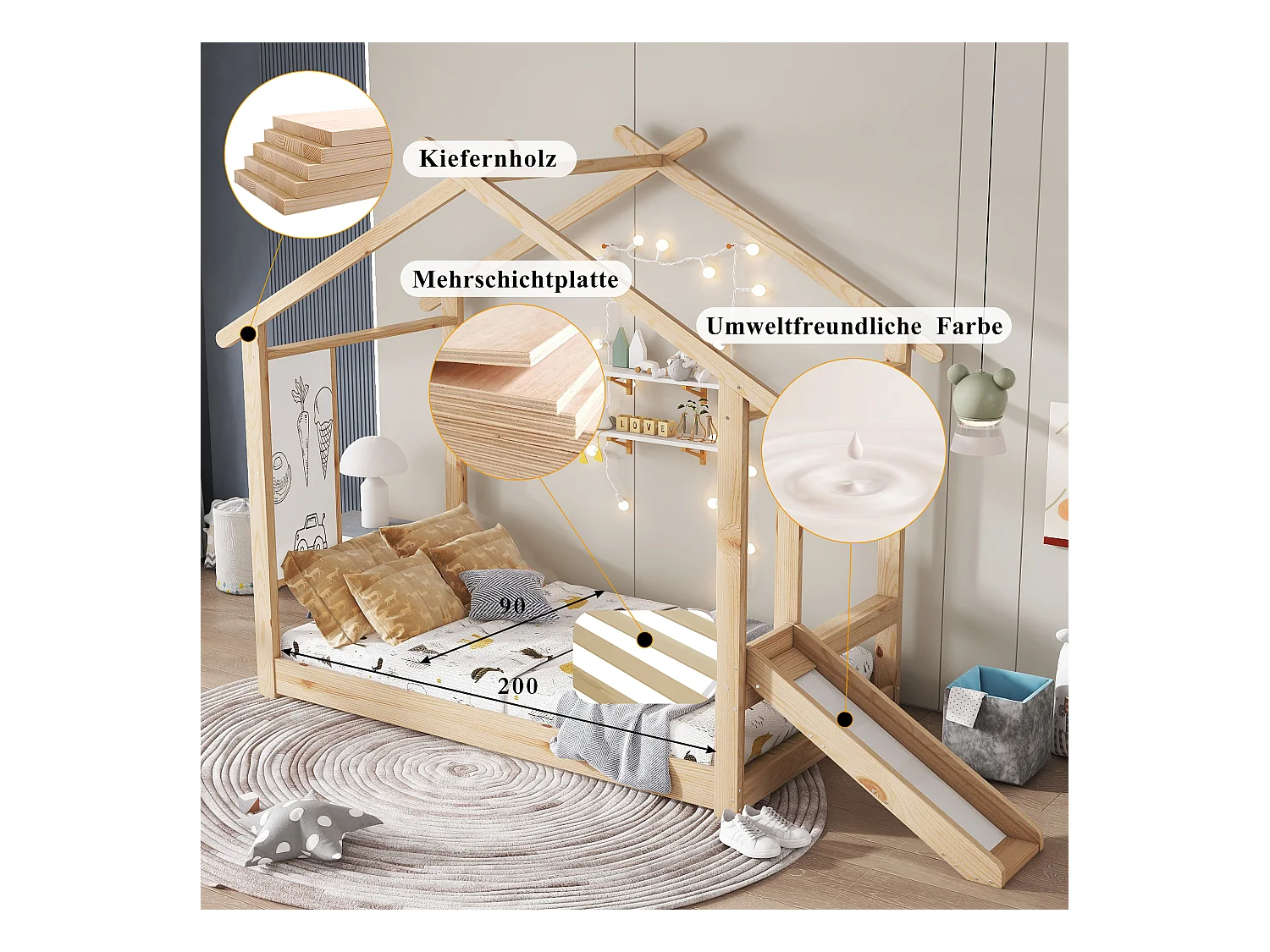 Lit enfant en bois - 90 x 200 cm - avec toboggan + tableau - design de toit - pin + MDF + contreplaqué - naturel
