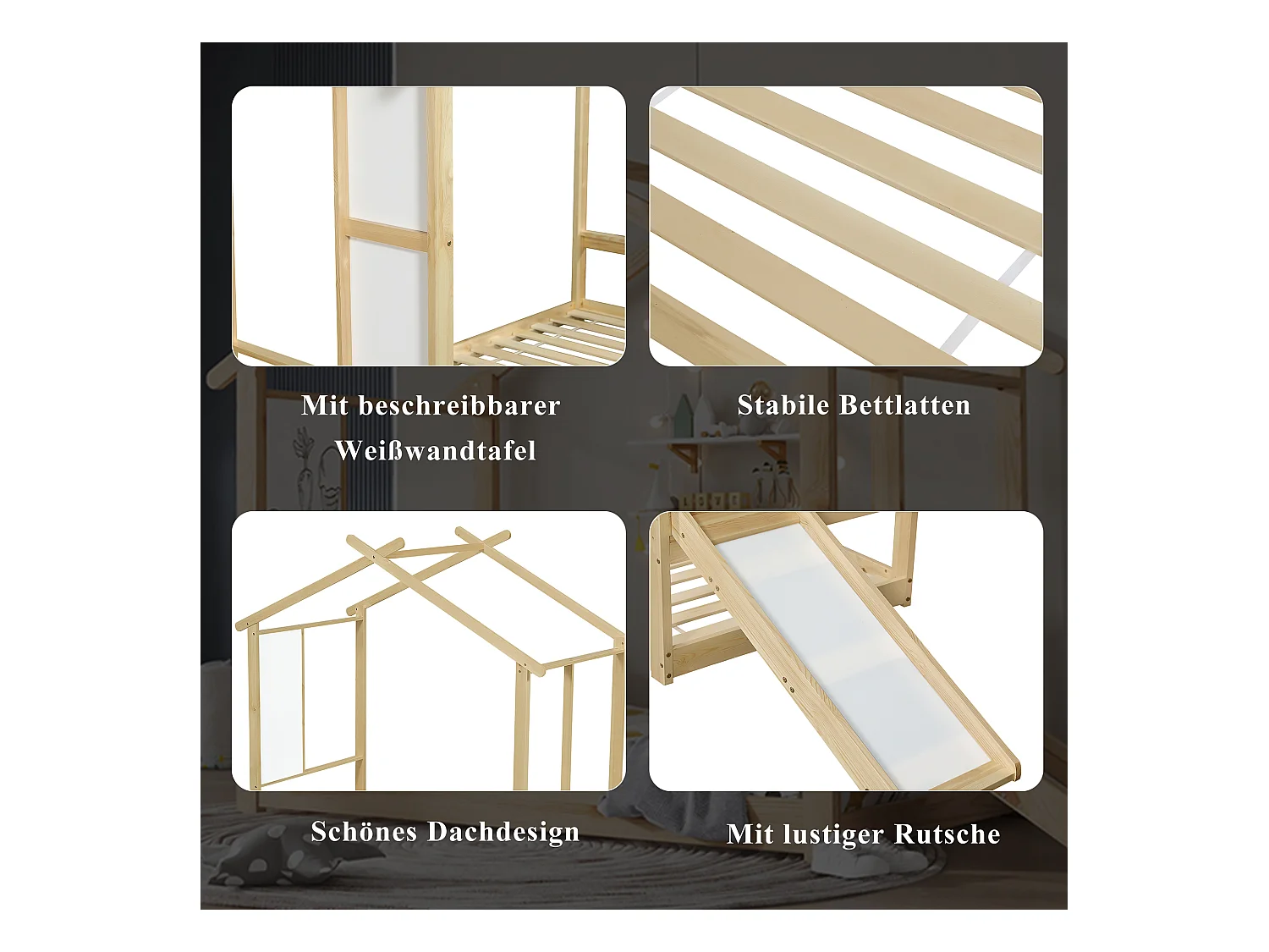 Lit enfant en bois - 90 x 200 cm - avec toboggan + tableau - design de toit - pin + MDF + contreplaqué - naturel