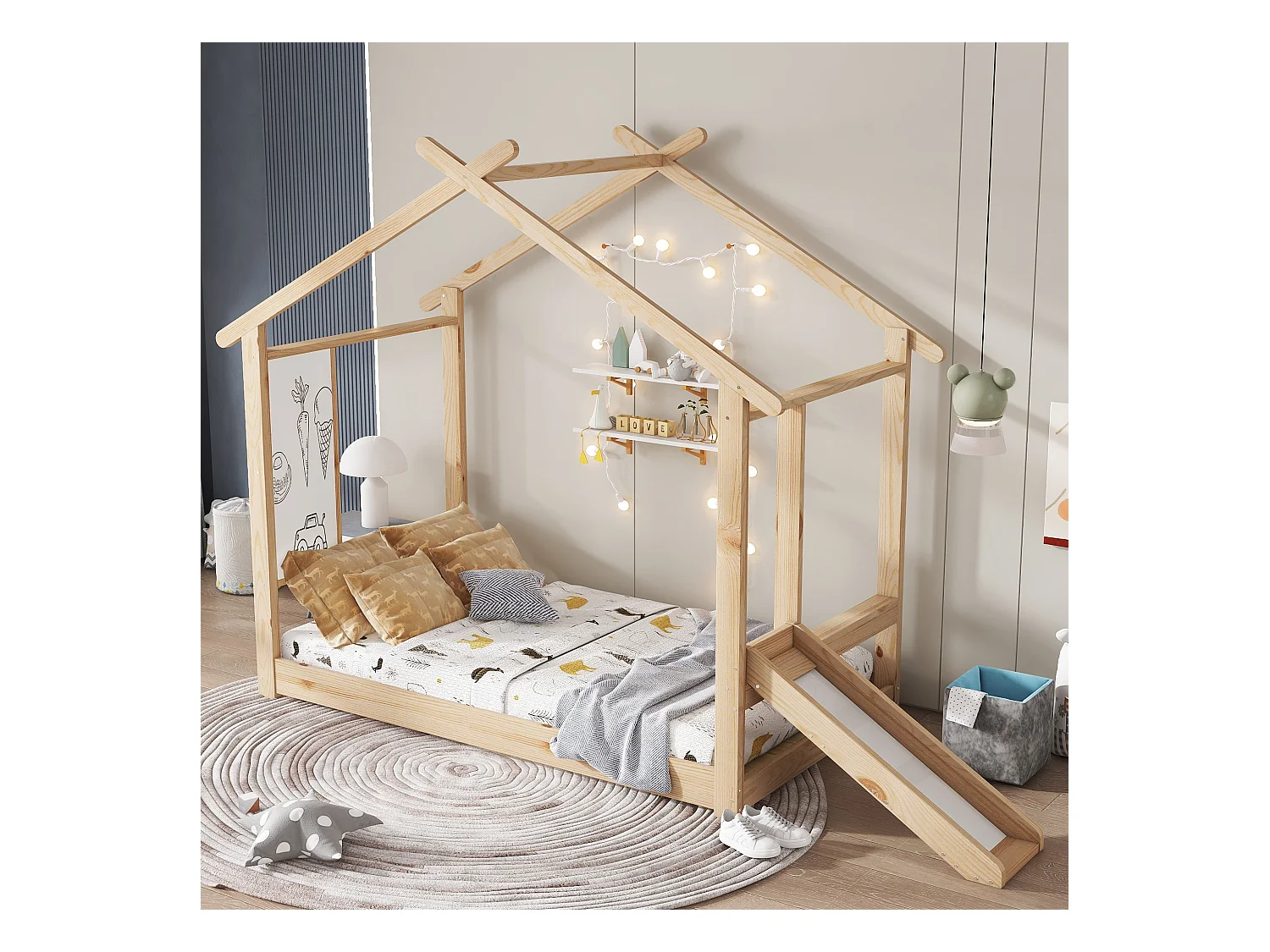 Lit enfant en bois - 90 x 200 cm - avec toboggan + tableau - design de toit - pin + MDF + contreplaqué - naturel